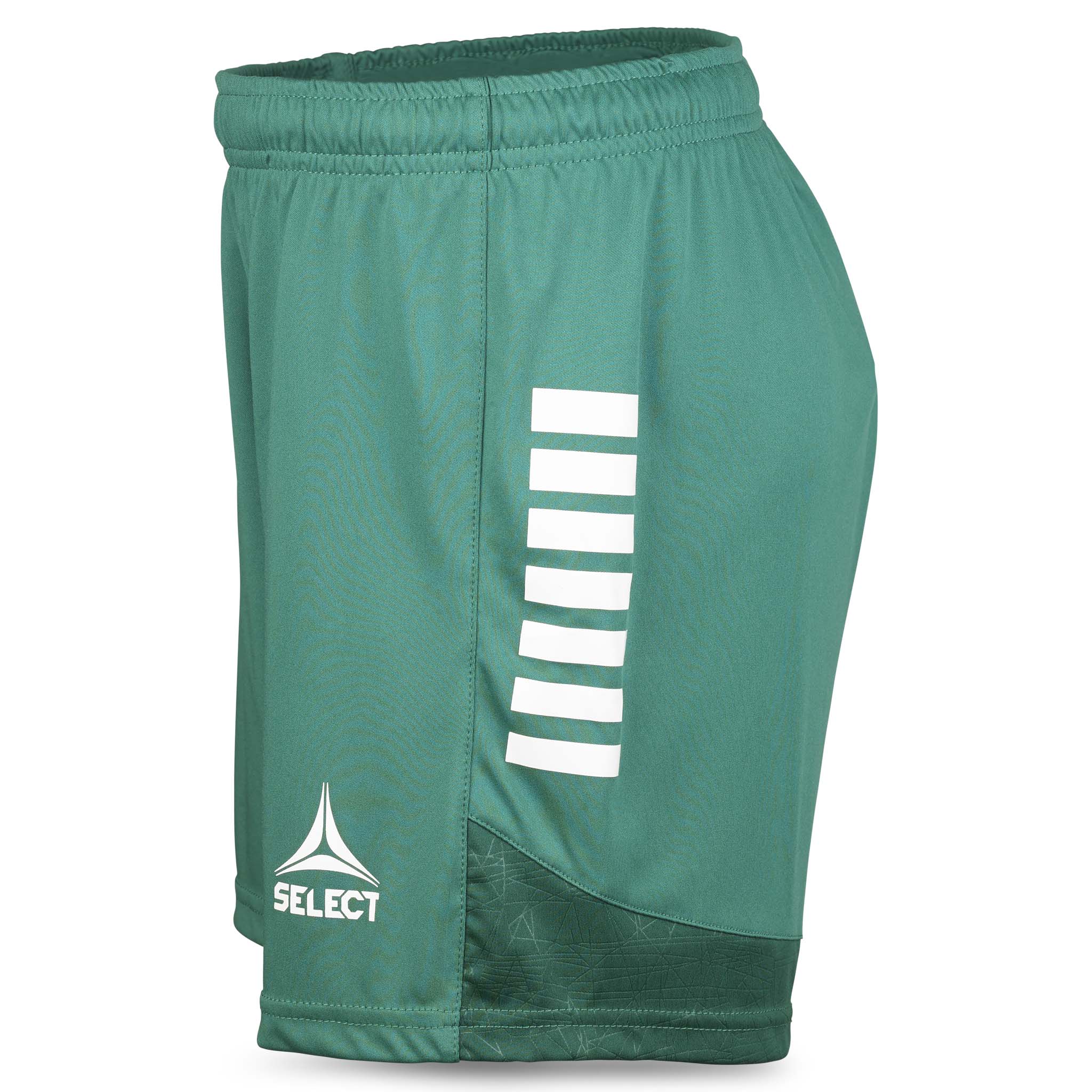 Grøn-hvide Player shorts Spain woman v25, kamp- og træningstøj, set fra højre side med hvide striber og Select-logo.