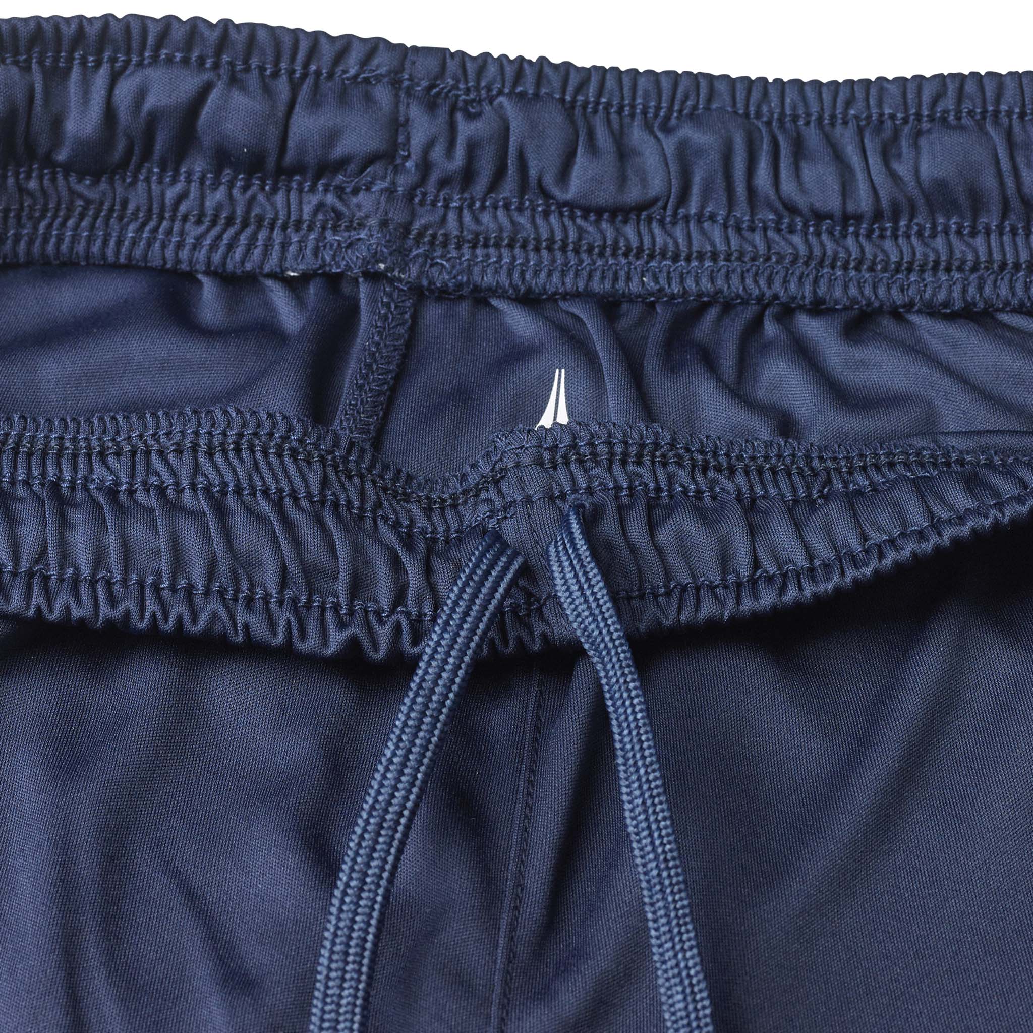 Nærbillede af marineblå Player shorts Spain woman v25, fodbold Match & Training wear, med hvid snor og elastik i taljen.