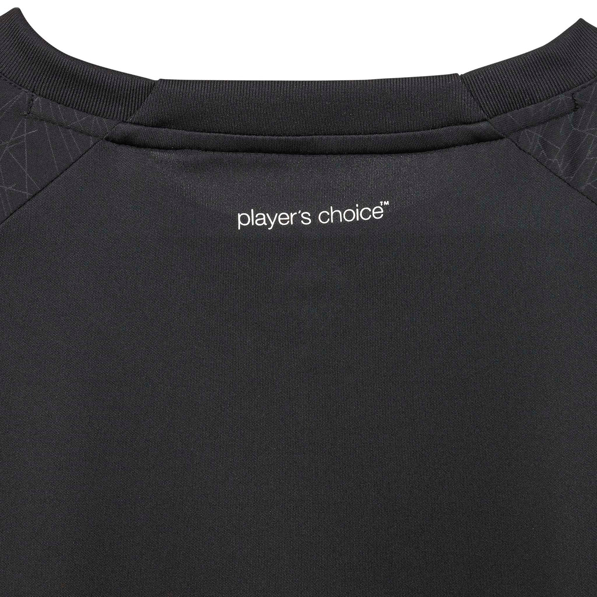 Nærbillede af Player shirt S/S Spain woman v25, Match & Training wear, i sort med hvidt "player's choice" fodboldlogo.