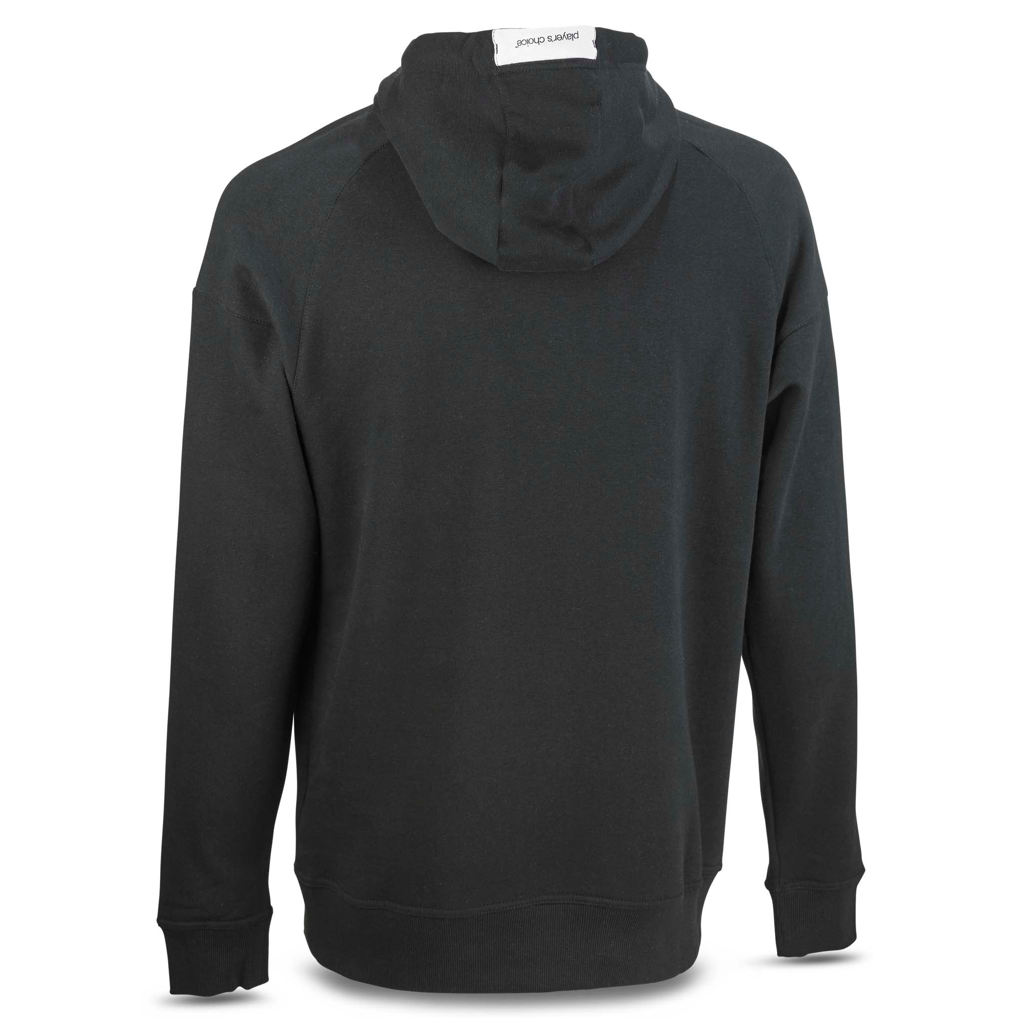 Sort Hoodie Oxford v25 fritidstøj, set fra bagsiden med hætte og ribkanter.