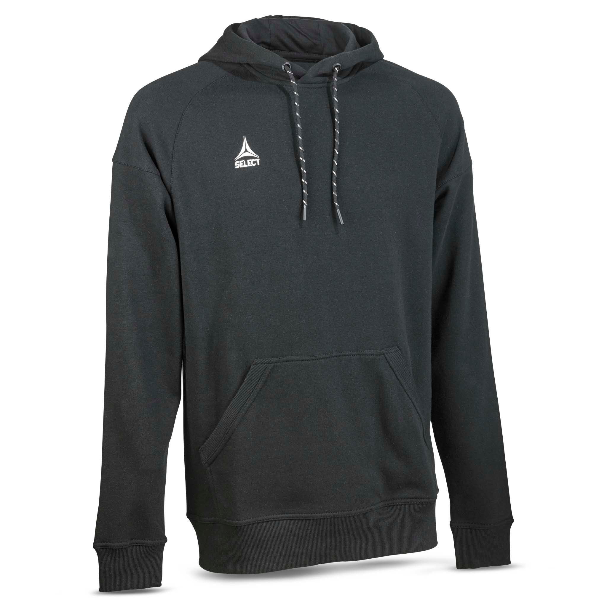 Sort Hoodie Oxford v25 fritidstøj med hætte, lomme og hvidt logo, set forfra.