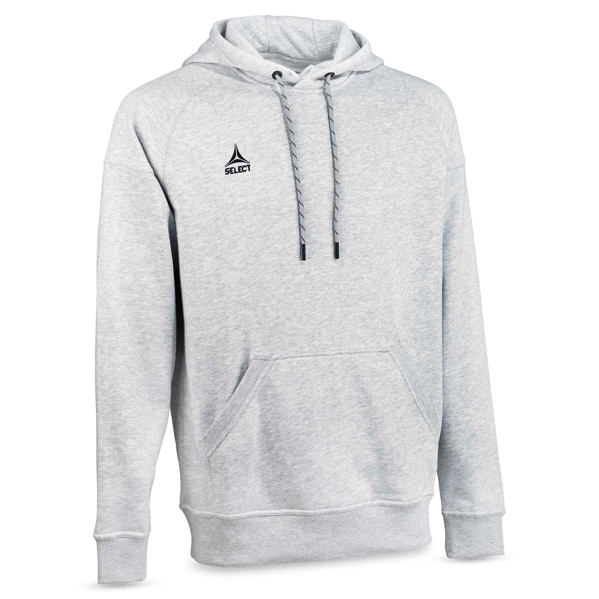 Grå Hoodie Oxford v25 fritidstøj, forsidevisning med hætte, snore og frontlomme.