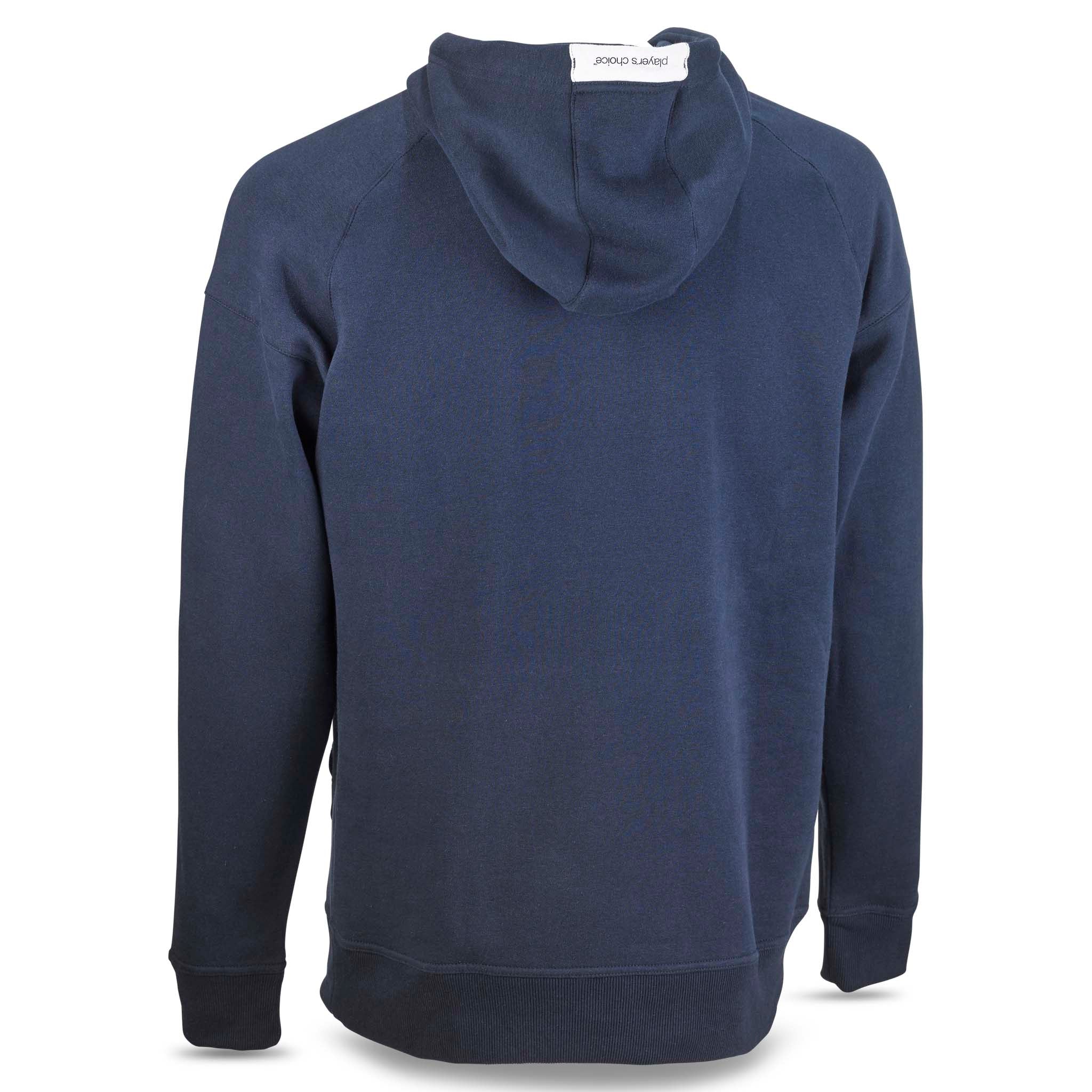 Marineblå Hoodie Oxford v25 fritidstøj, set fra bagsiden med hætte og ribkanter.
