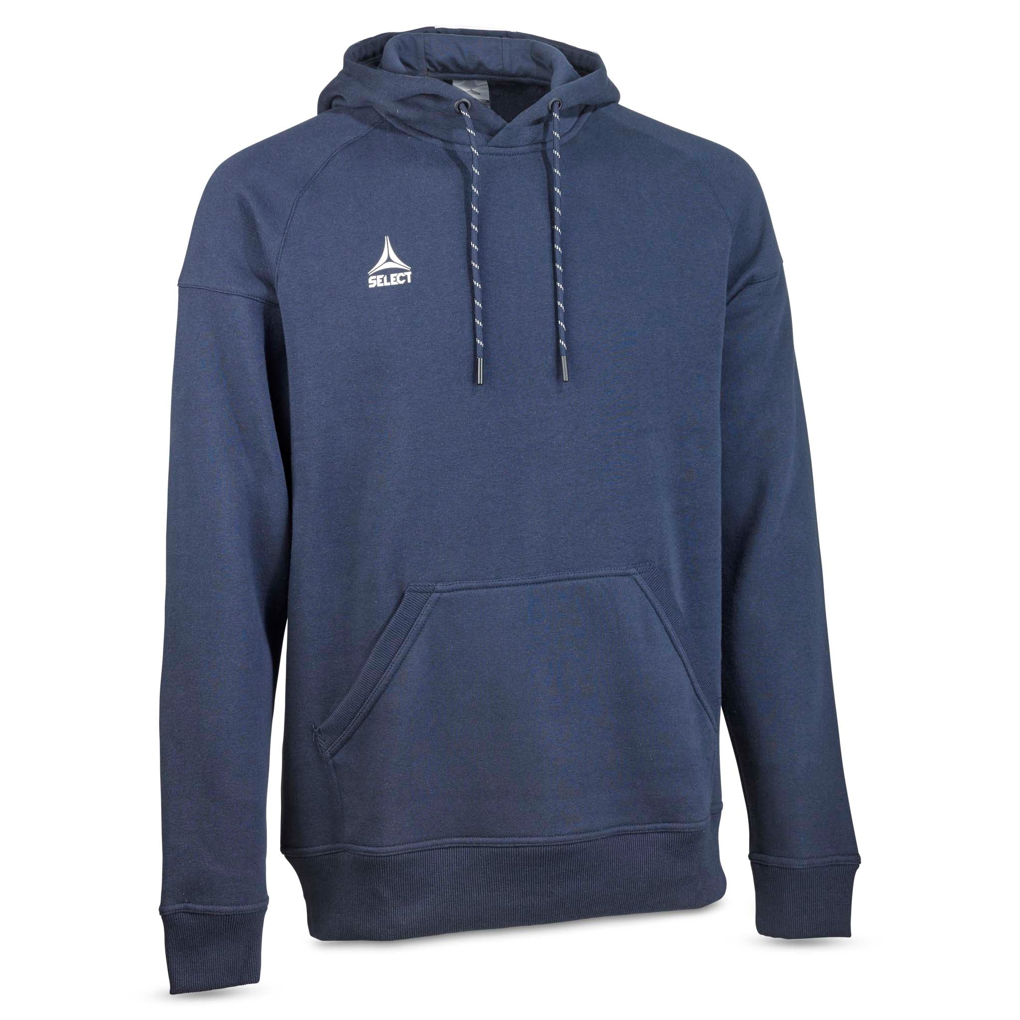 Marineblå Hoodie Oxford v25 fritidstøj, set forfra med hætte, snore og lomme.