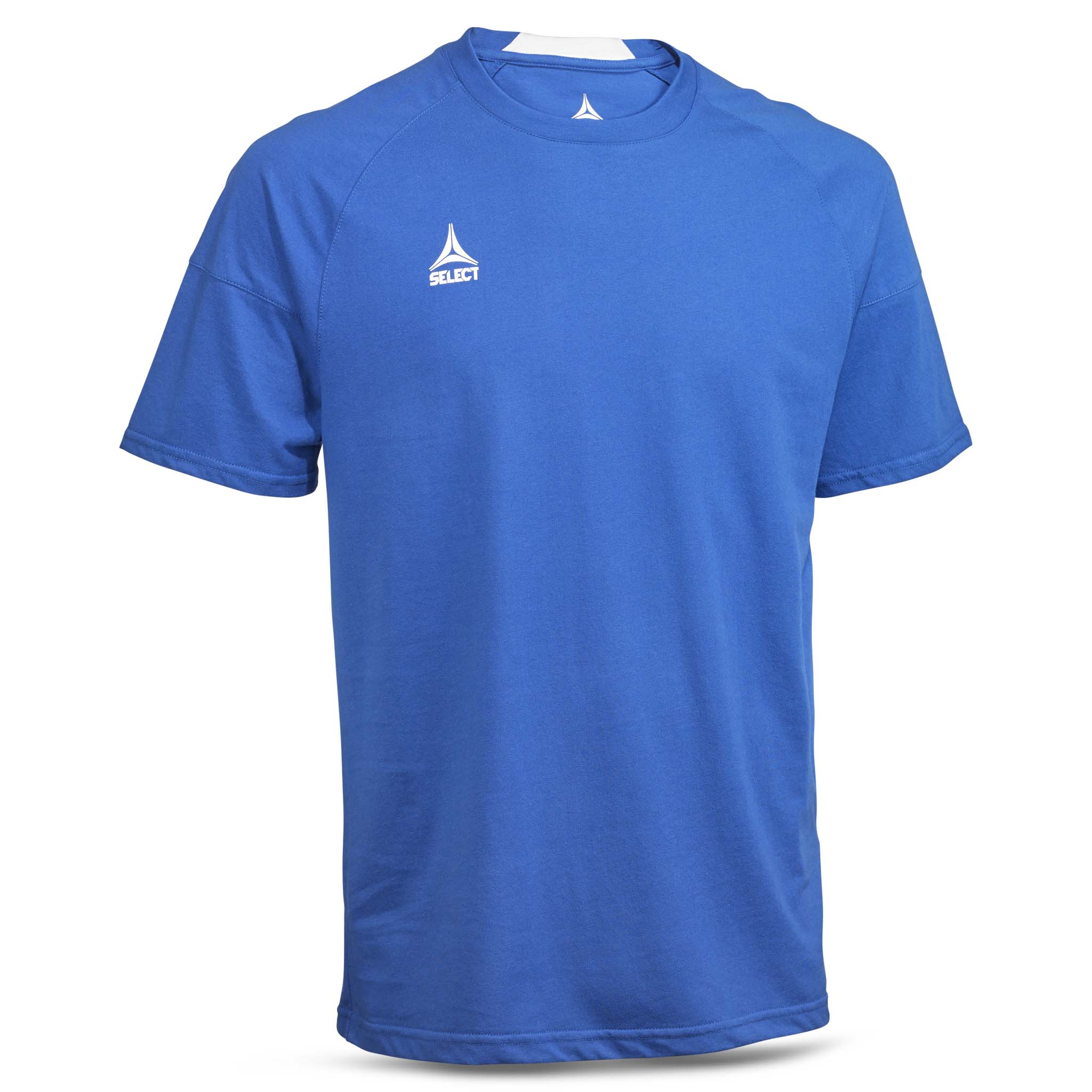 Blå T-Shirt Oxford v25 fritidstøj, set forfra med hvidt logo på brystet.