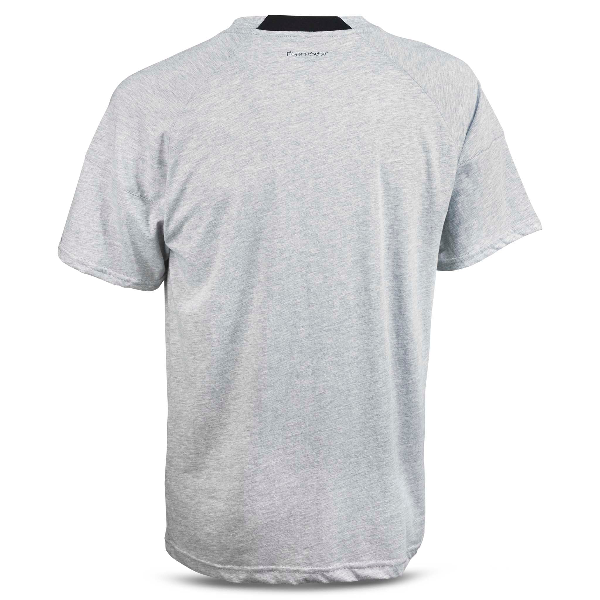 Grå T-Shirt Oxford v25 fritidstøj, set fra bagsiden med sort kravedetalje