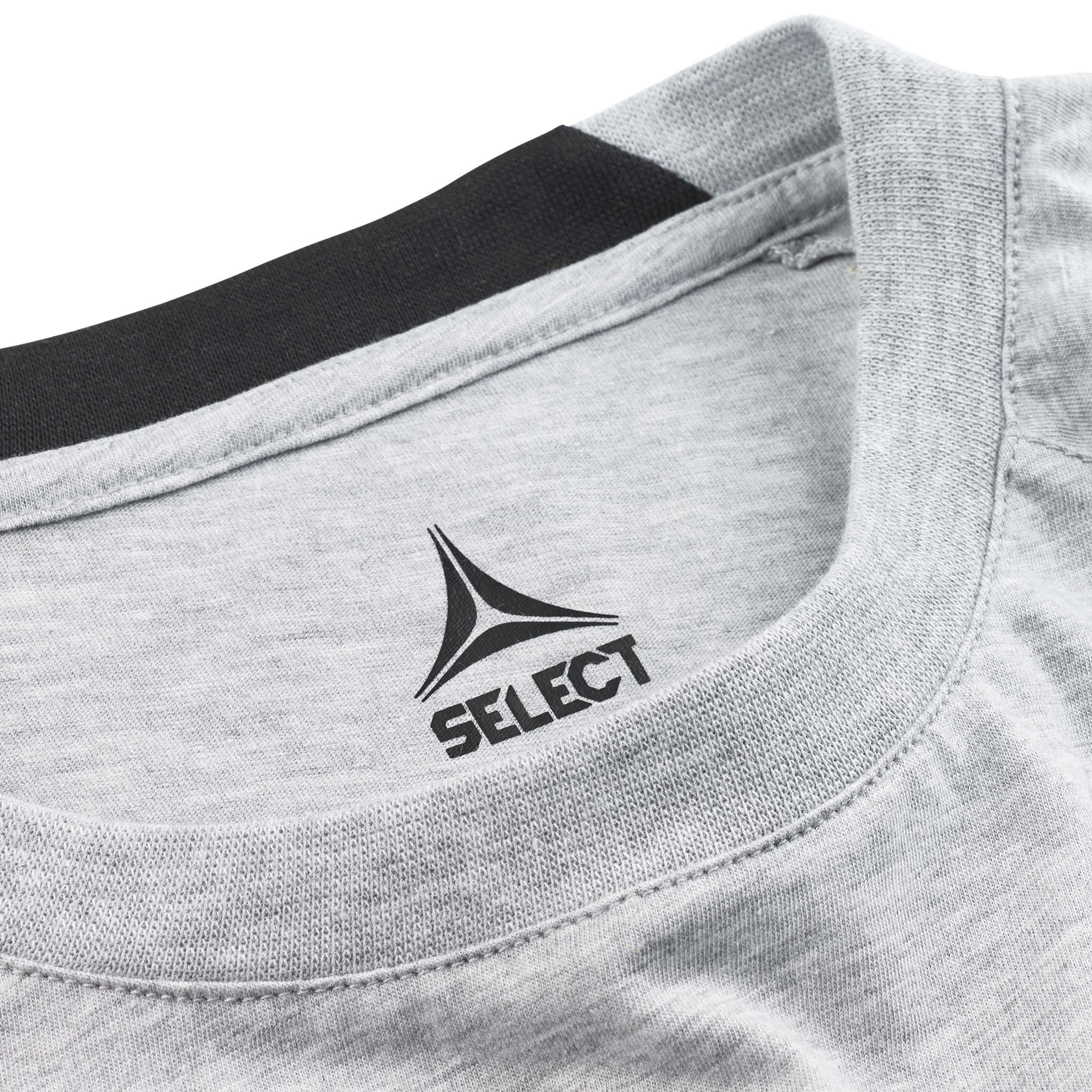 Nærbillede af grå T-Shirt Oxford v25 fritidstøj, der viser halsudskæring med sort kant og Select-logo.