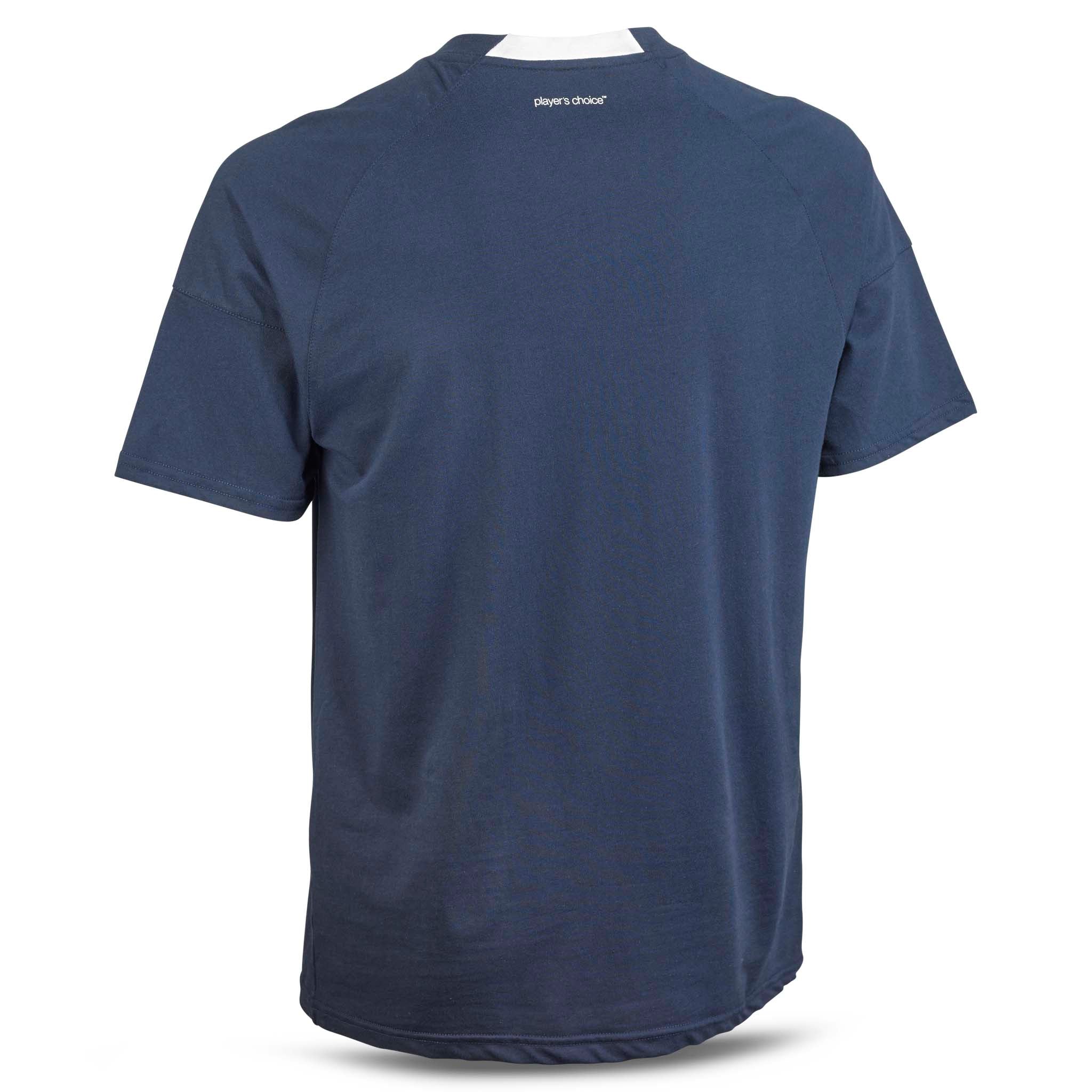 Marineblå T-Shirt Oxford v25, fritidstøj, bagsidevisning af fodboldtrøje med hvid kravekant.