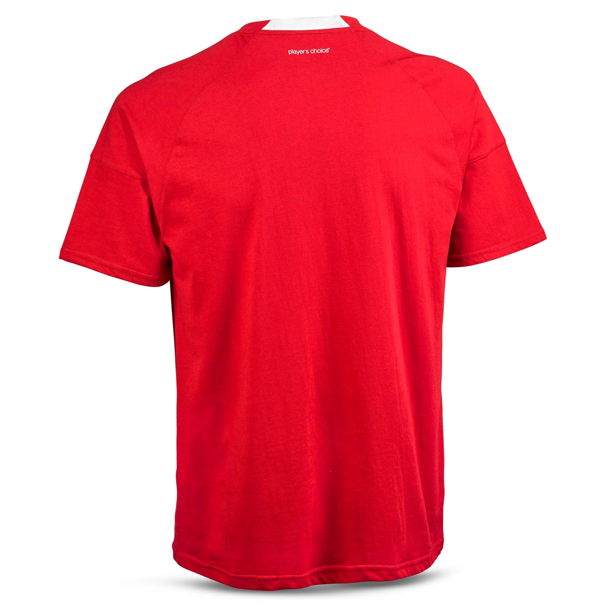 Rød T-Shirt Oxford v25, fritidstøj, set fra bagsiden med hvid indvendig kravedetalje.