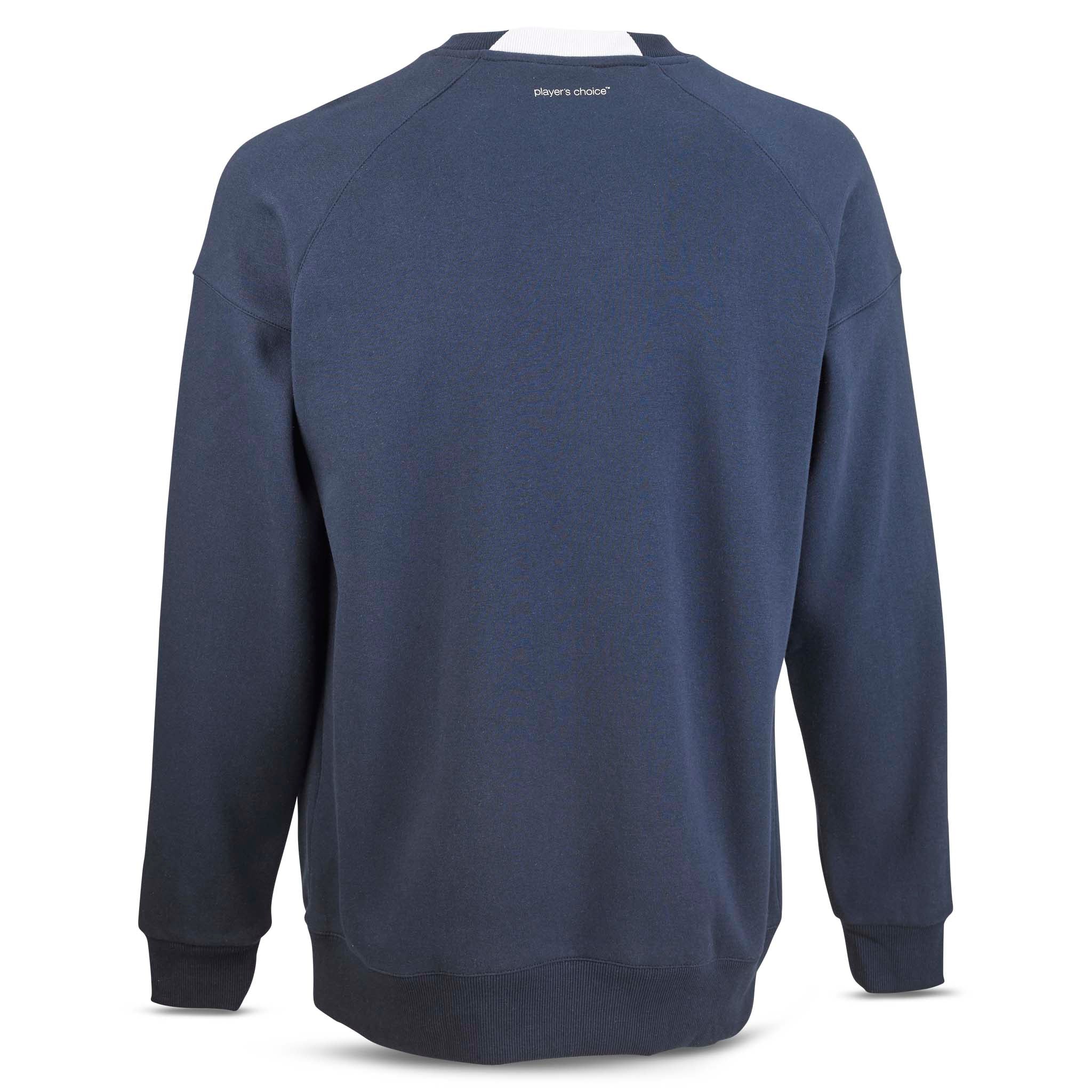 Marineblå Sweat Oxford v25 fritidstøj, set fra bagsiden med hvid halsdetalje.