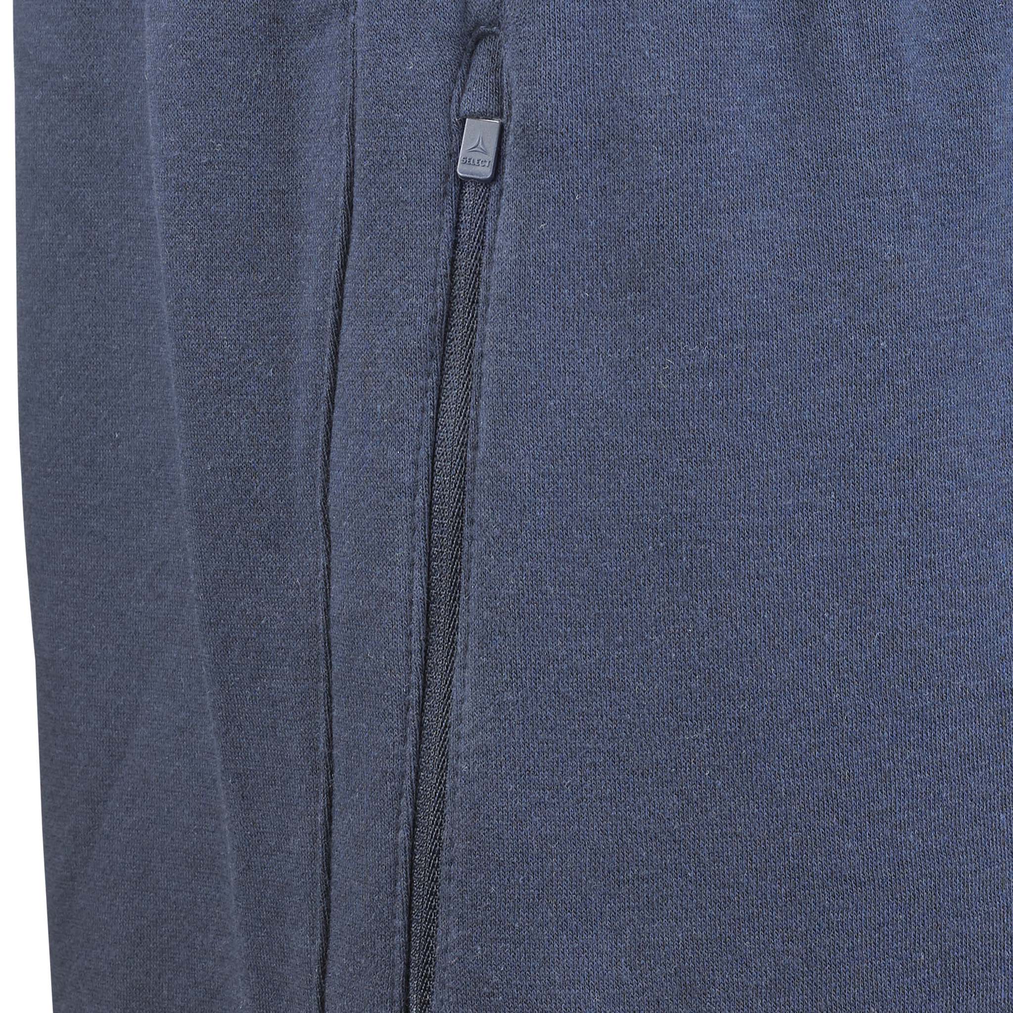 Nærbillede af marineblå Sweat pants Oxford v25 fritidstøj med lynlåslomme og blødt stof.
