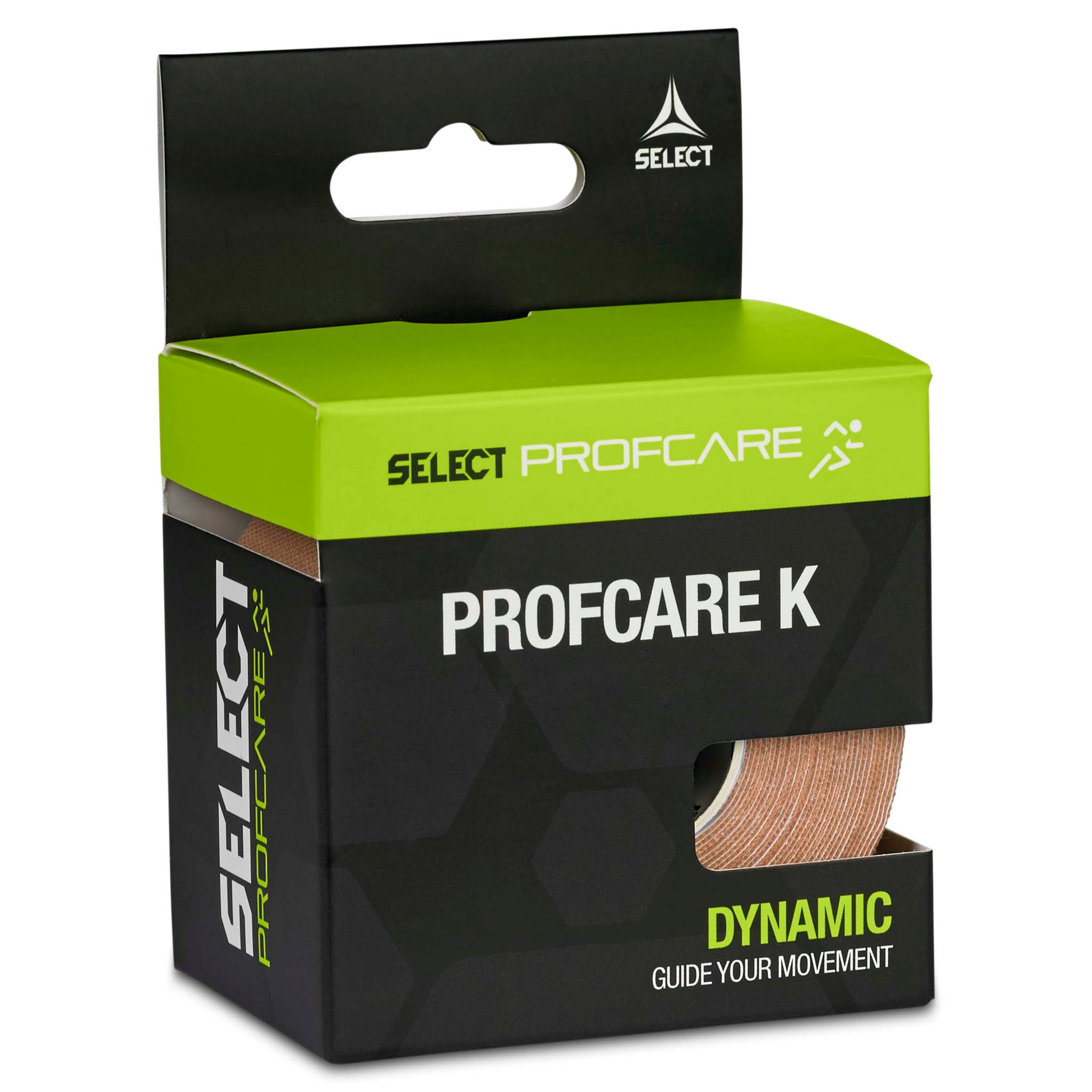 Tape Profcare K Sports care-æske, set fra venstre side, grøn og sort emballage med beige kinesiologitape