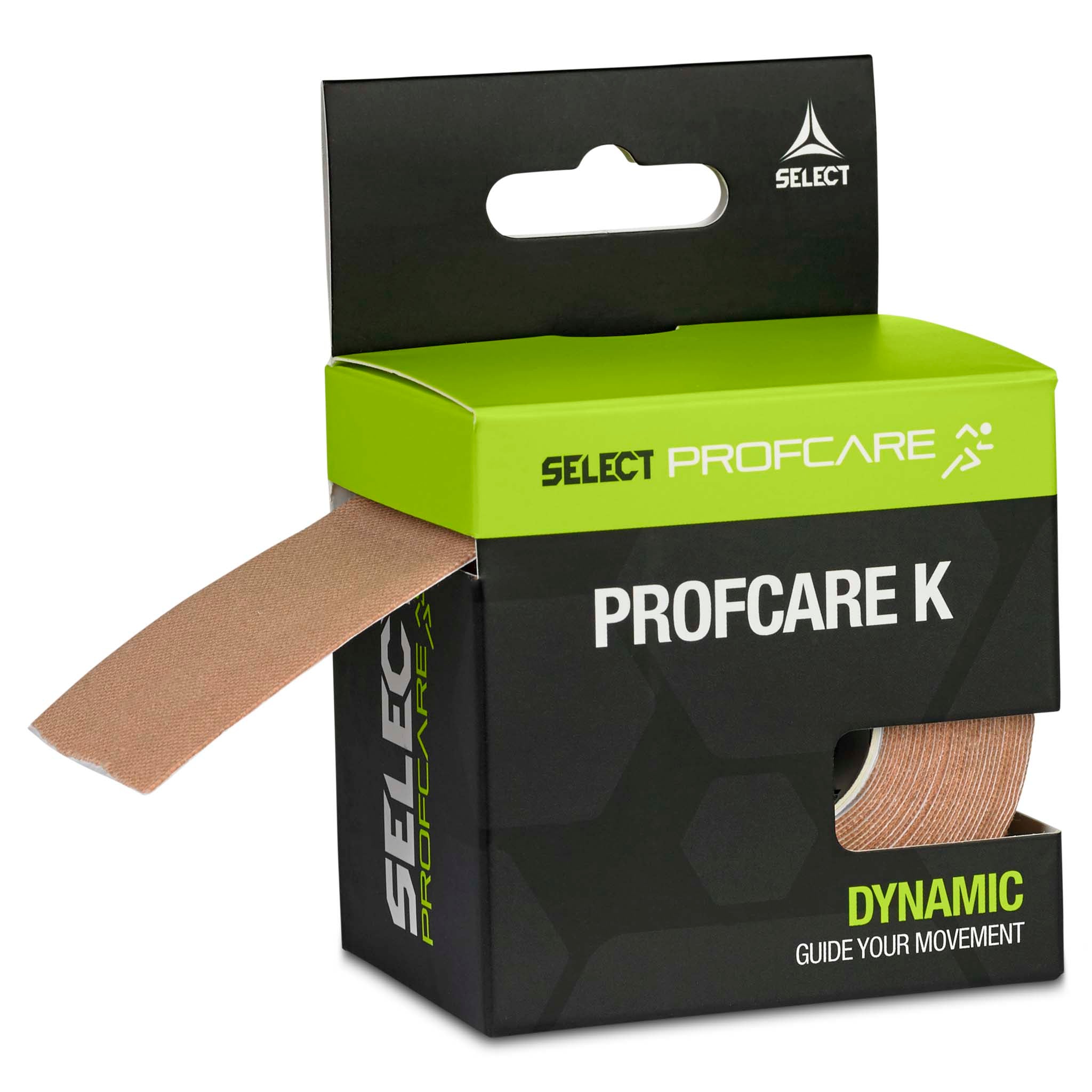 Beige Tape Profcare K i grøn og sort sportsplejeæske, venstre side-vinkel.