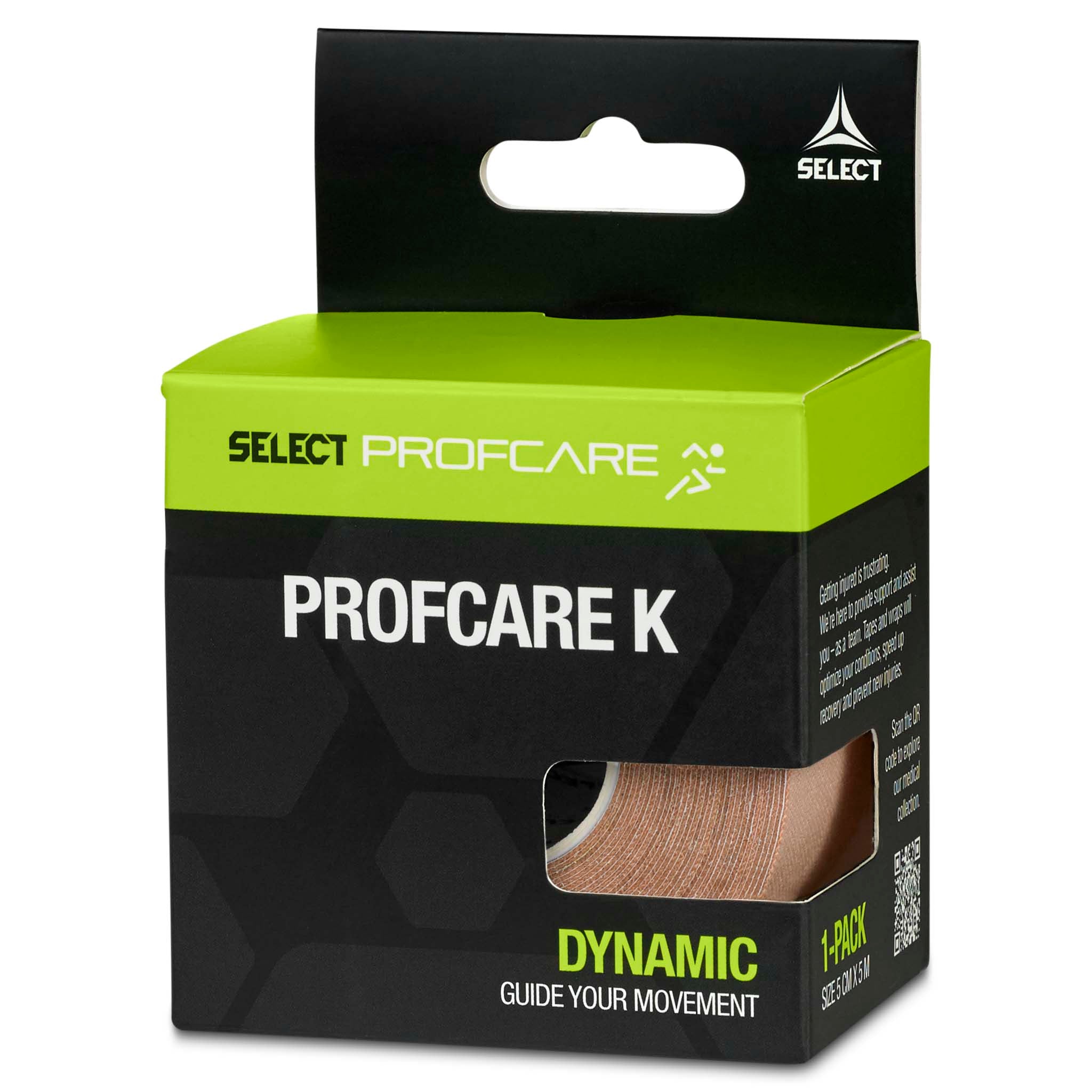 Beige Tape Profcare K sportspleje emballage set fra højre side i sort og grøn æske