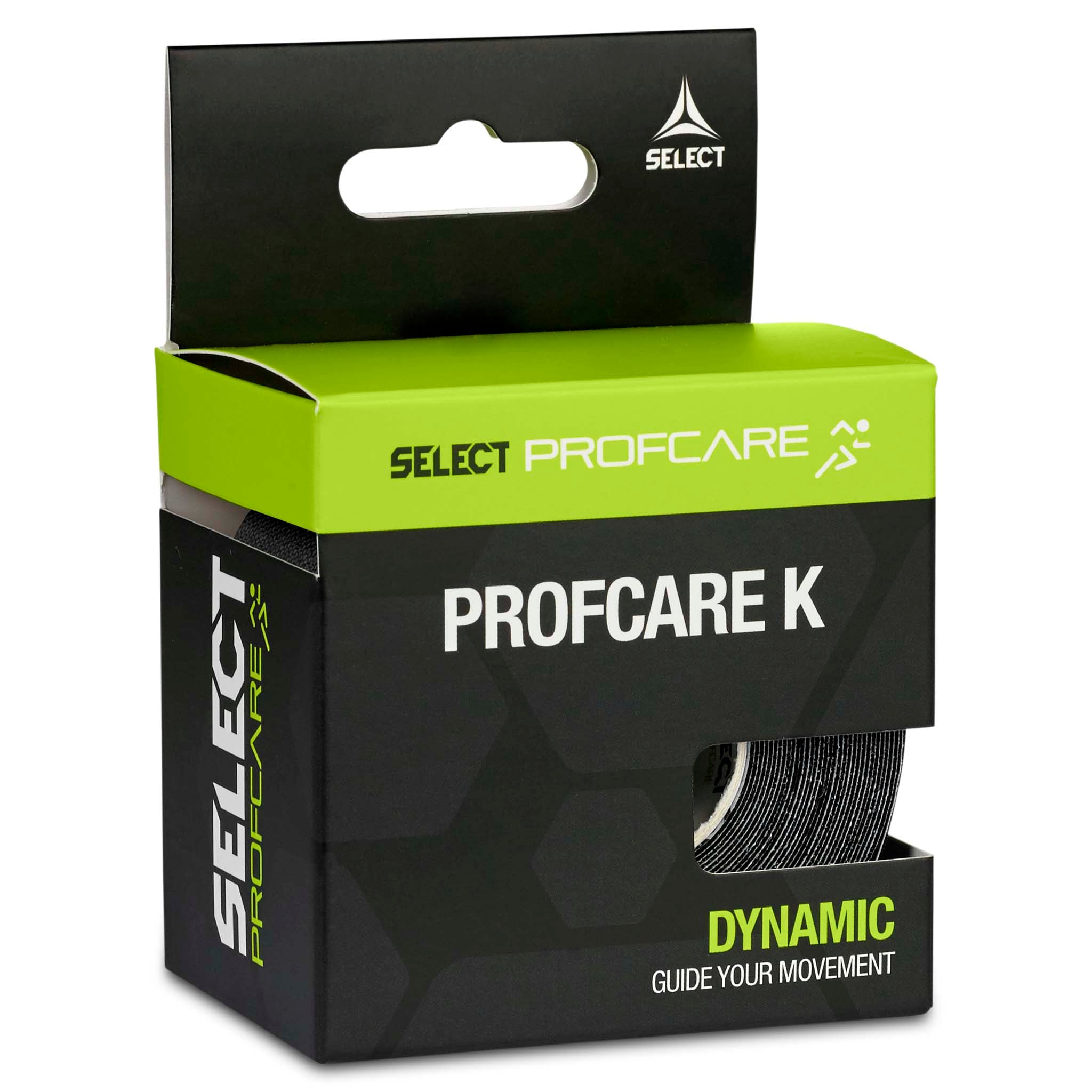 Tape Profcare K sportspleje-æske, set fra venstre side. Sort og grøn emballage med synlig sort kinesiologitape-rulle.