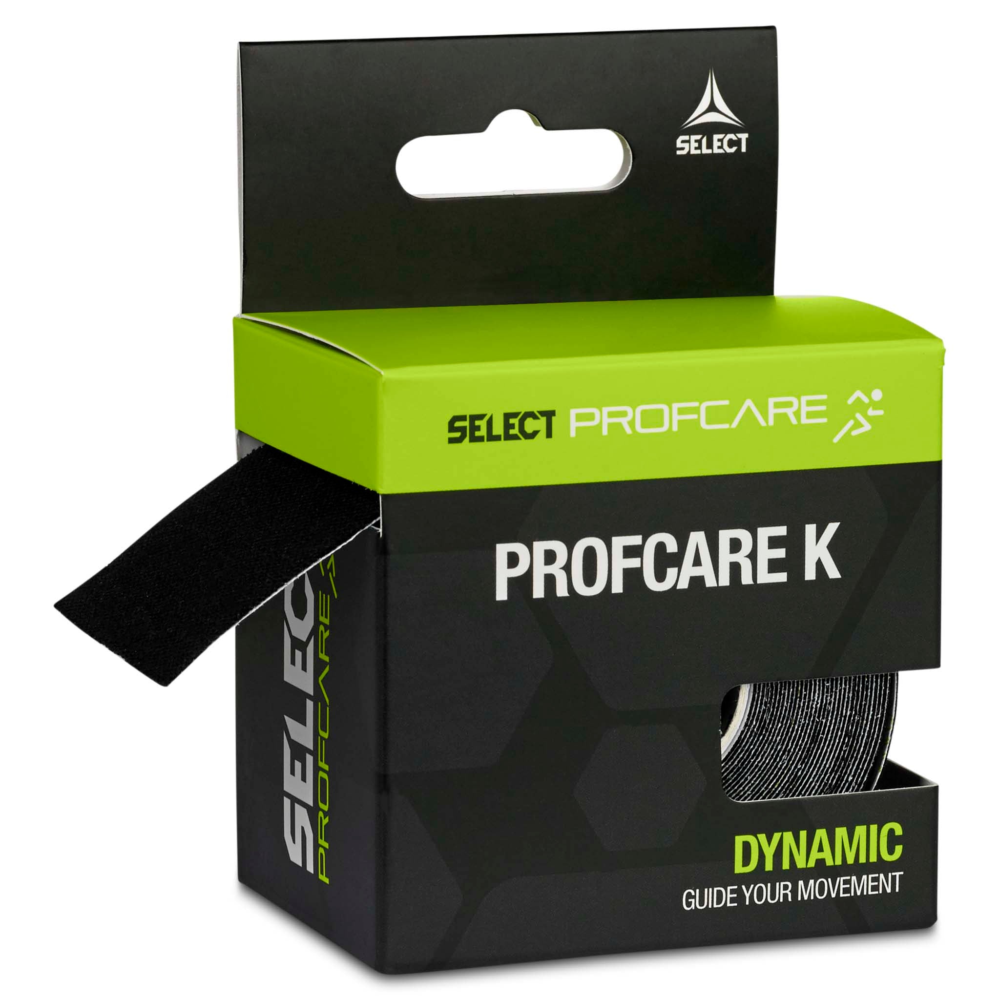Sort Tape Profcare K sports care kinesiotape i grøn og sort æske, set fra venstre side.