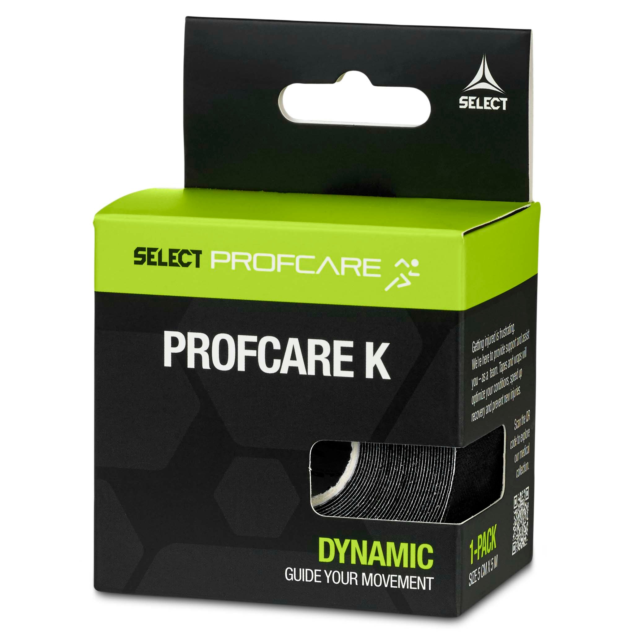 Højresidet visning af Tape Profcare K sportsplejeemballage i sort og grøn med en rulle sort tape.