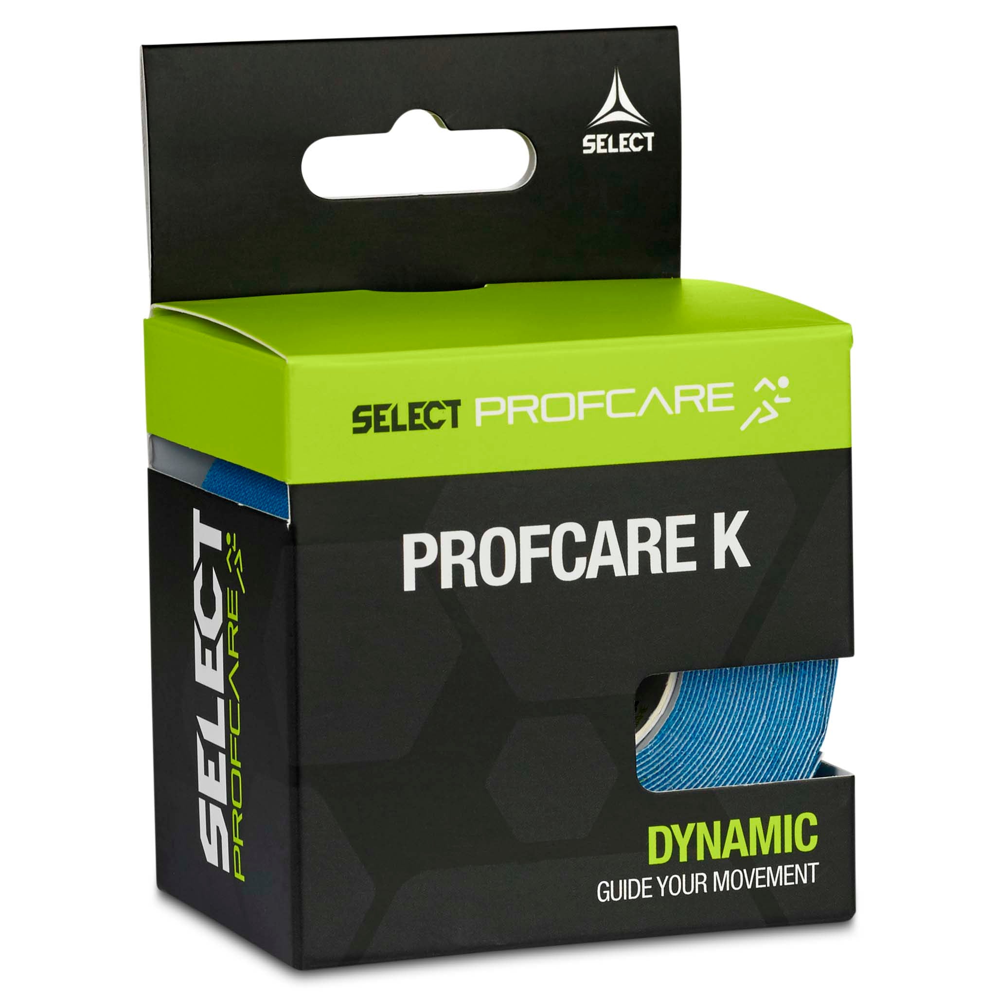 Tape Profcare K sportspleje-æske set fra venstre, sort med grønne detaljer og synlig blå kinesiotape.