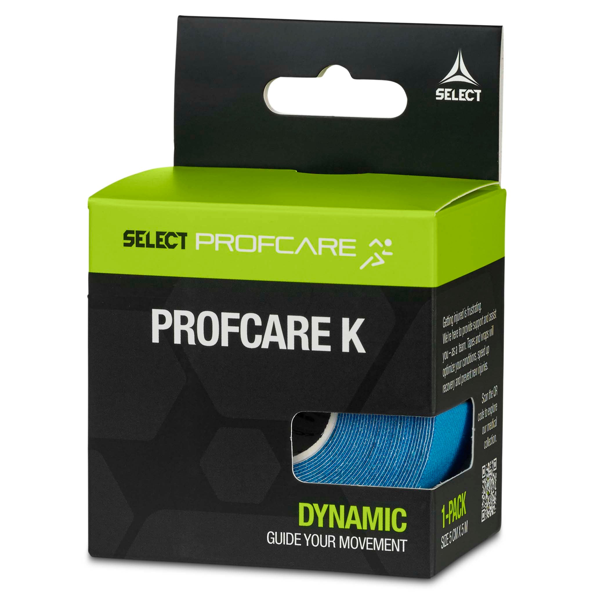 Højresidet visning af Tape Profcare K Sports care emballage, sort og grøn æske med blå kinesiologitape-rulle synlig.