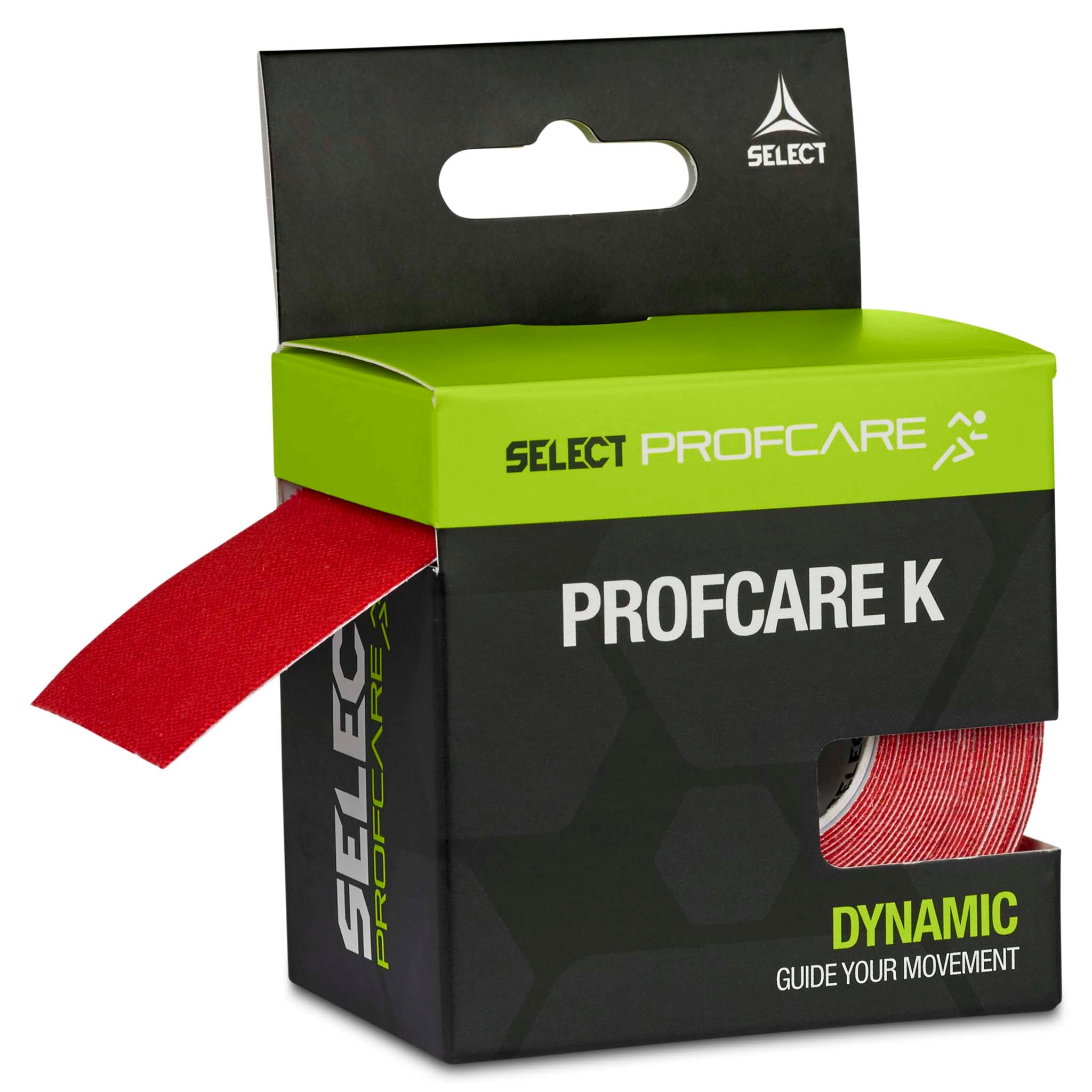 Forside af Tape Profcare K sportspleje, rødt kinesiologi-tape i sort og grøn emballage.