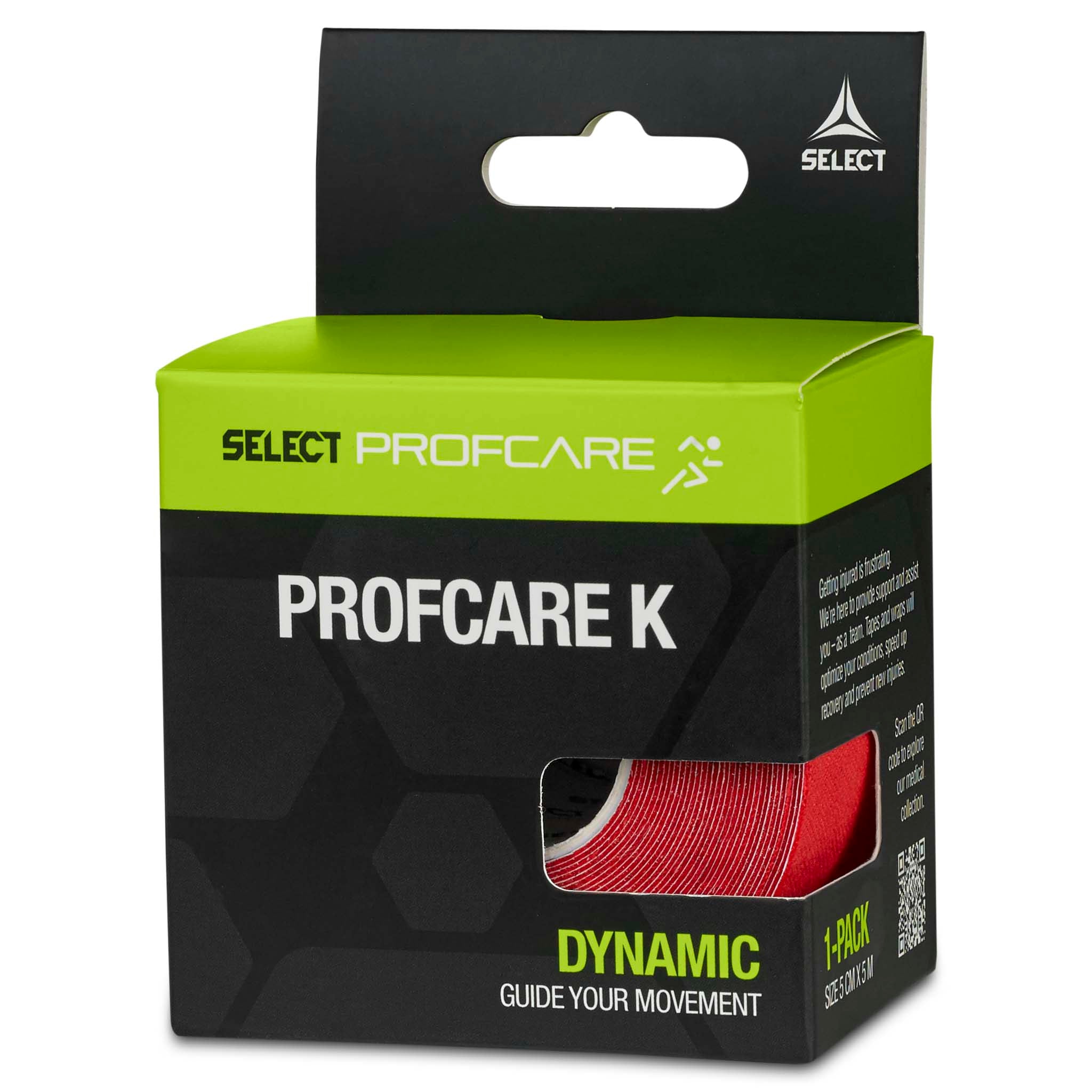 Tape Profcare K Sports care-æske set fra højre, grøn og sort med rød kinesiologitape synlig.