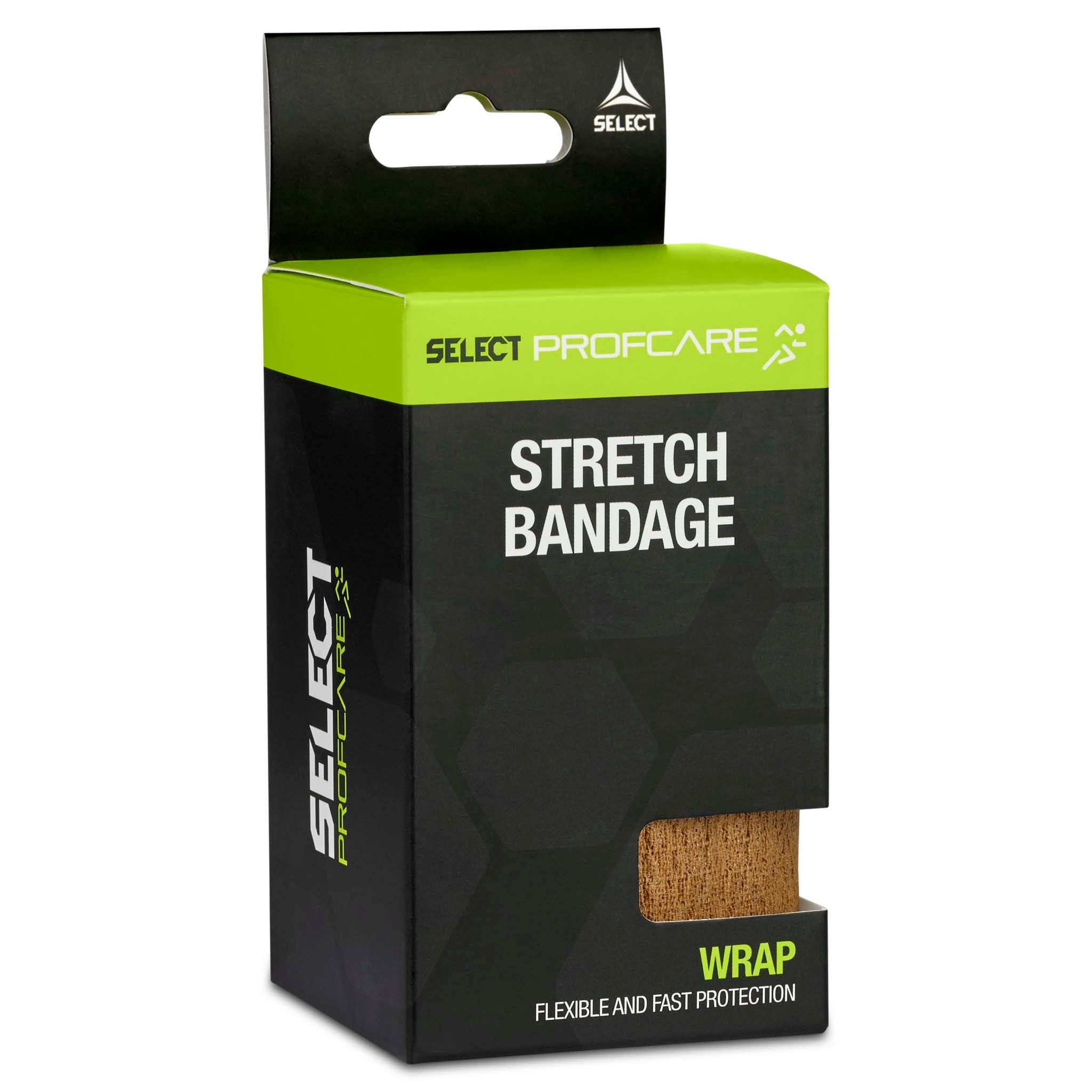Stretch Bandage i beige, Sports care, sort og grøn emballage set fra venstre side, fleksibel fodbold wrap-beskyttelse