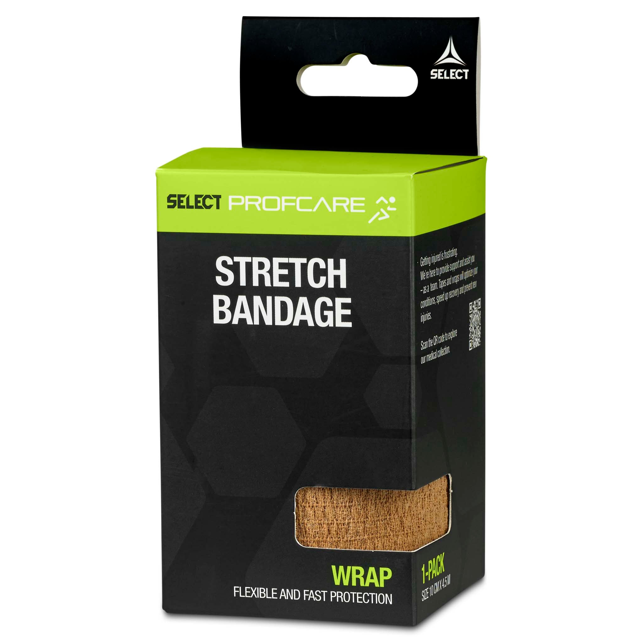 Højresidet billede af Stretch Bandage Sports care emballage i sort med grønne detaljer og beige bandage.