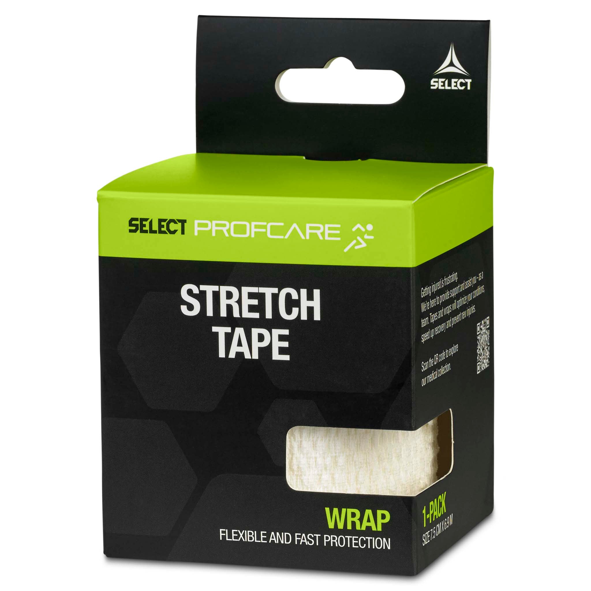 Forside af hvid og grøn Stretch Tape sportsplejeemballage fra Select Profcare, set fra siden.