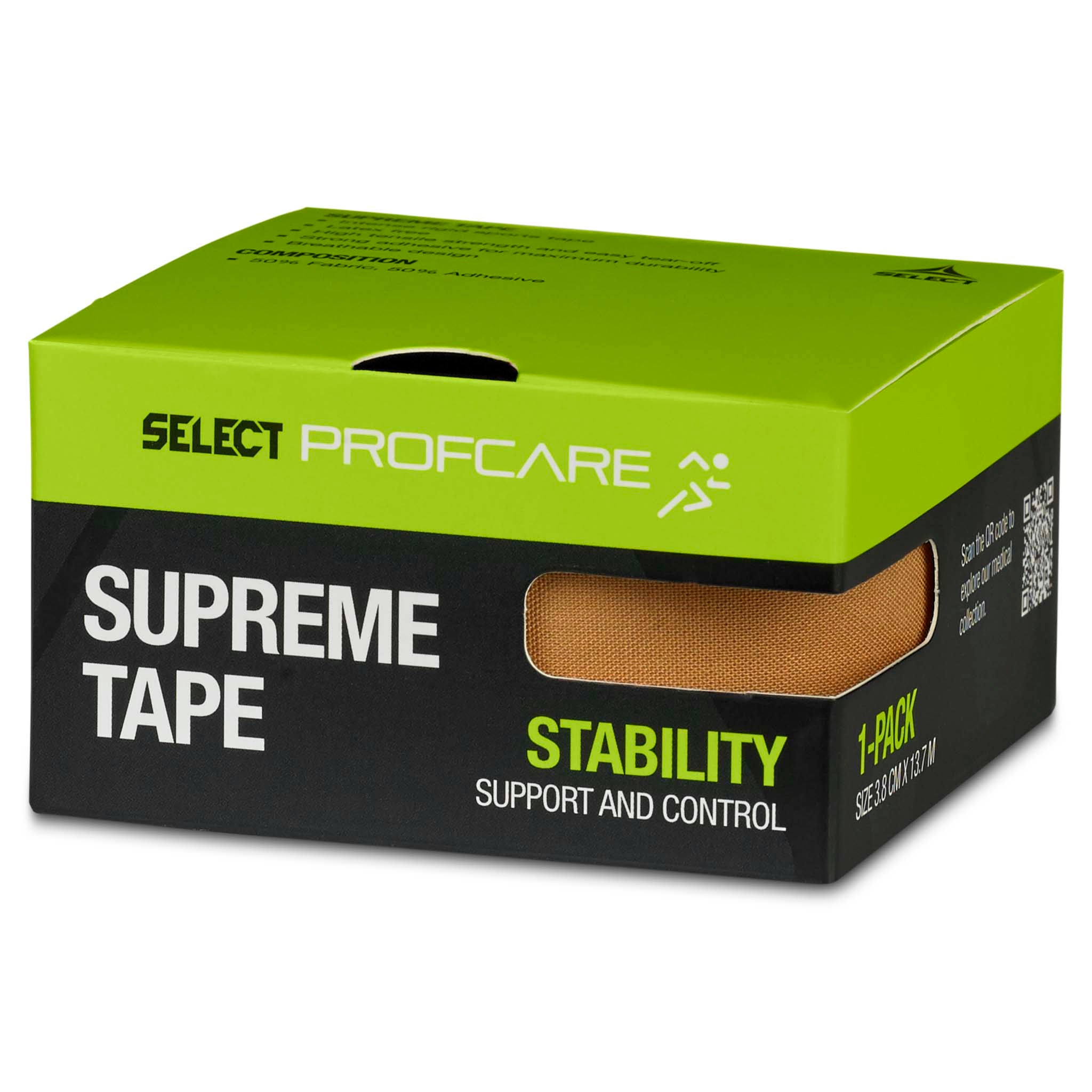 Supreme Sports Tape, sports pleje, set fra højre side. Grøn og sort æske med beige tapeløb.