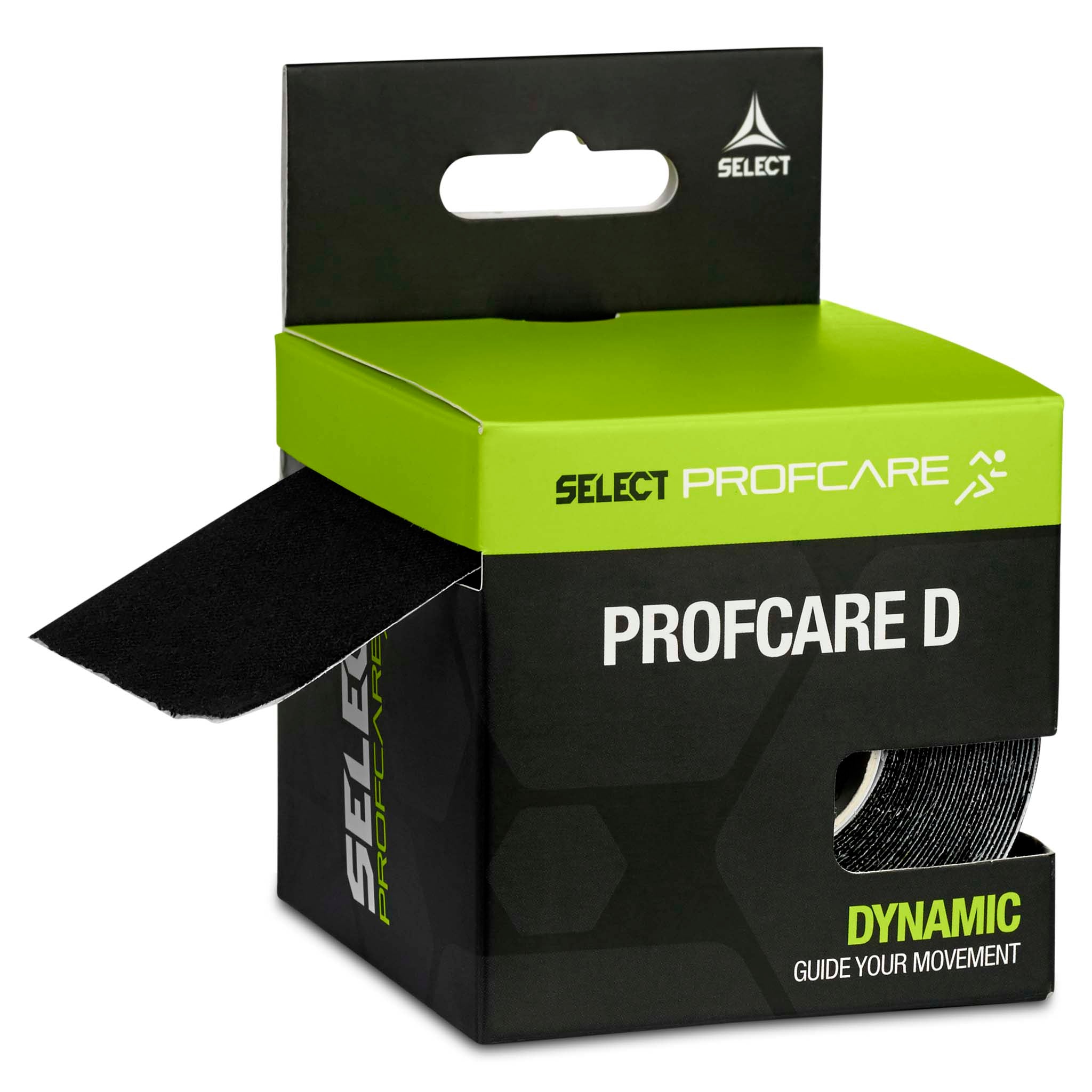 Profcare D sports care tape i sort, vist i grøn og hvid emballage, set fra venstre med tapen delvist synlig.