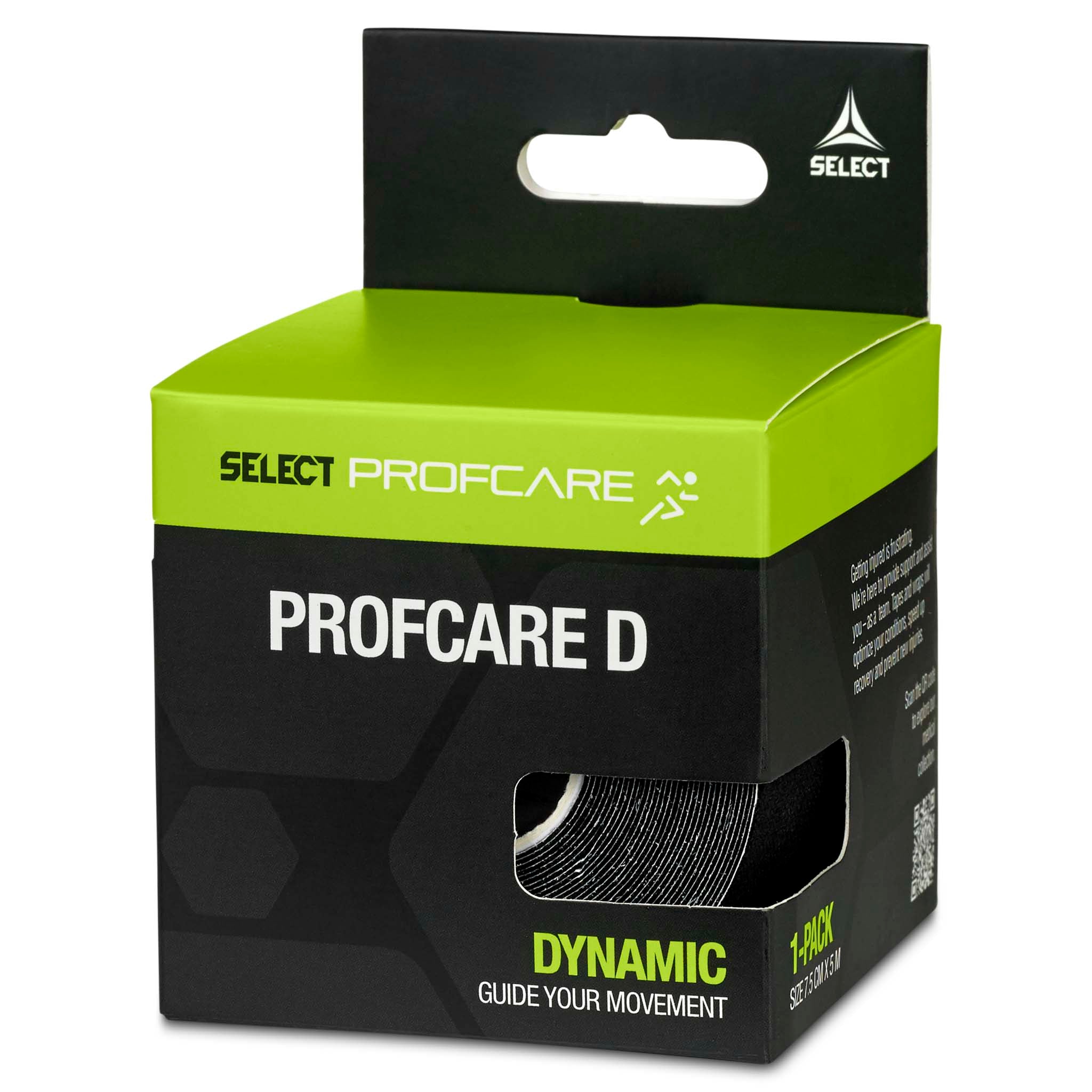 Profcare D sports care tape i sort og grøn emballage, vinkelvisning fra højre side af æsken.