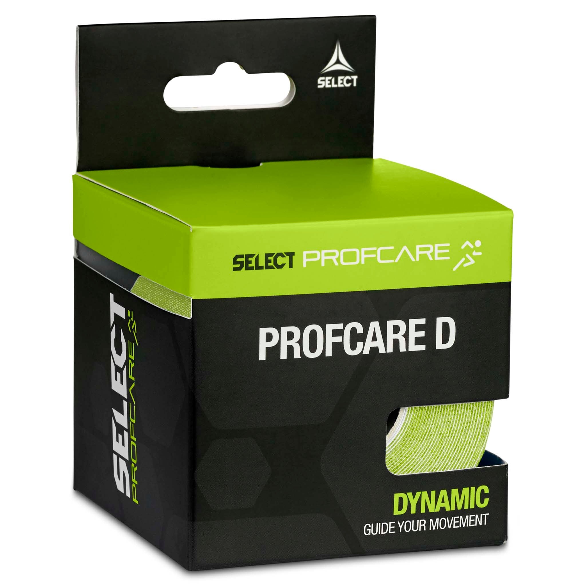 Profcare D sportspleje-tape i grøn og sort emballage, set fra venstre side med dynamisk fodbold-tape.