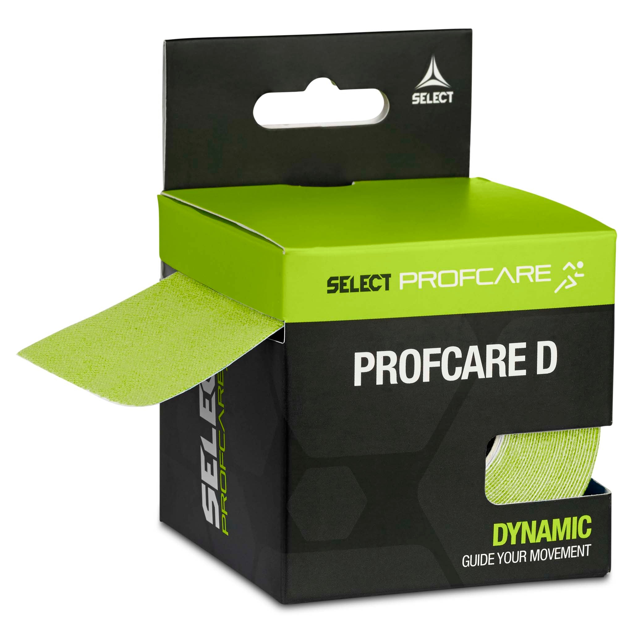 Profcare D sportsplejetape i grøn, vist med venstre side af emballagen og grønt kinesiotape stikkende ud.