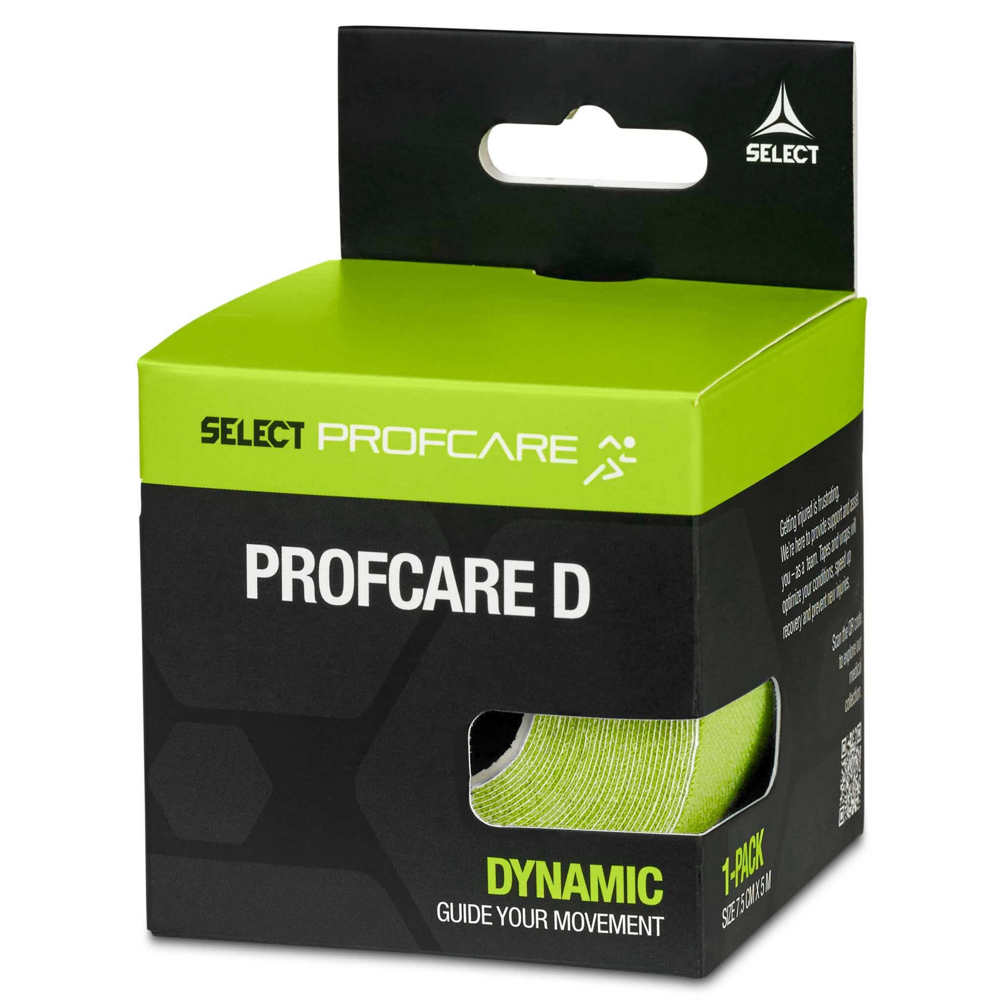 Profcare D dynamisk sportstape i grøn, vist fra højre side i sort-grøn emballage.