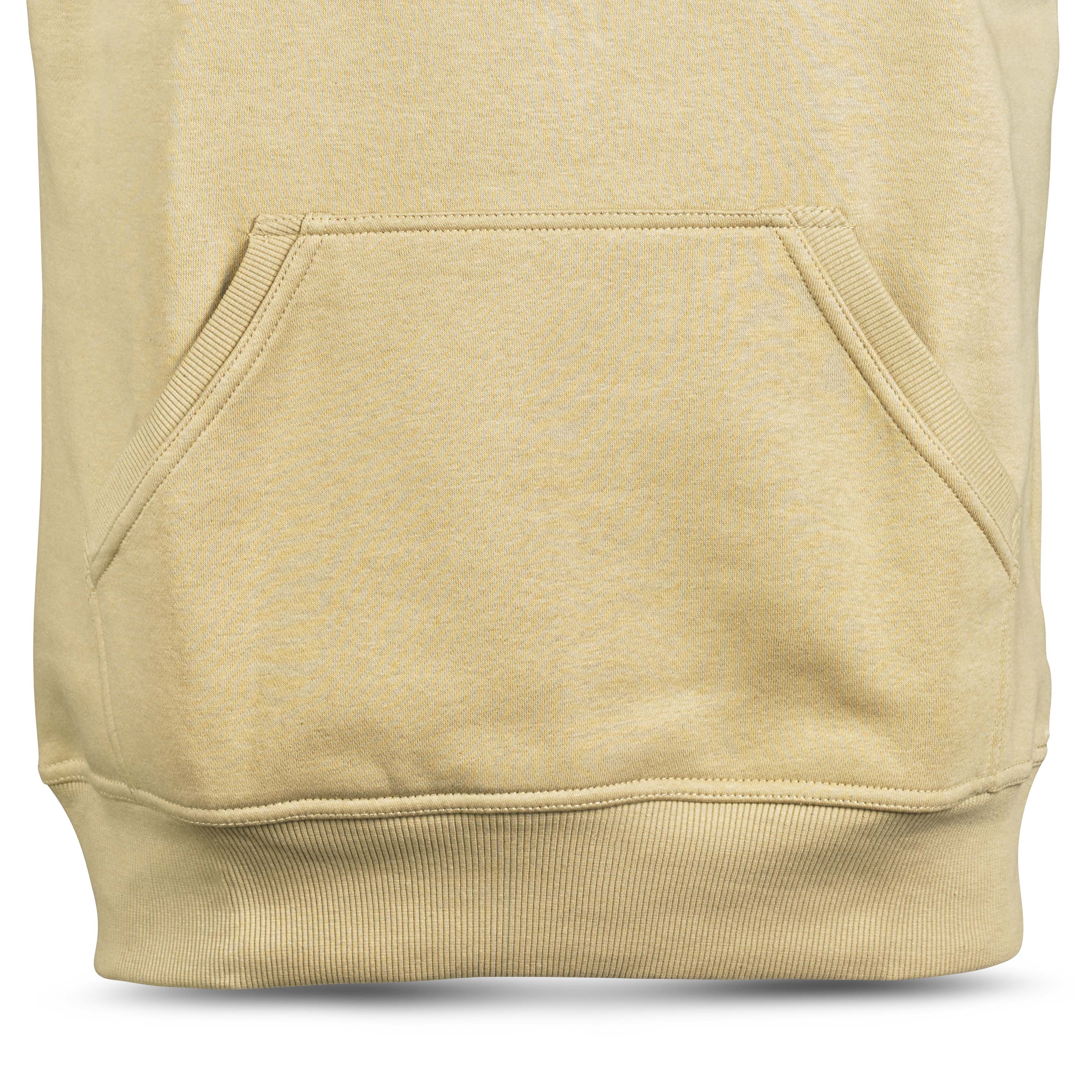 Nærbillede af beige Hoodie Basic Select v24 fritidstøj med kængurulomme og ribkant.