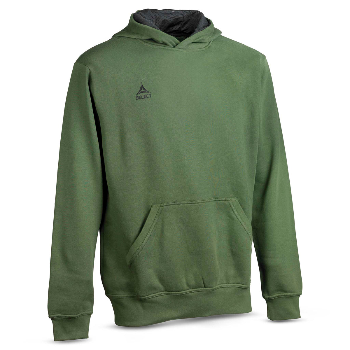 Forside af grøn Hoodie Basic Select v24, fritidstøj med mørkt hættefor og frontlomme