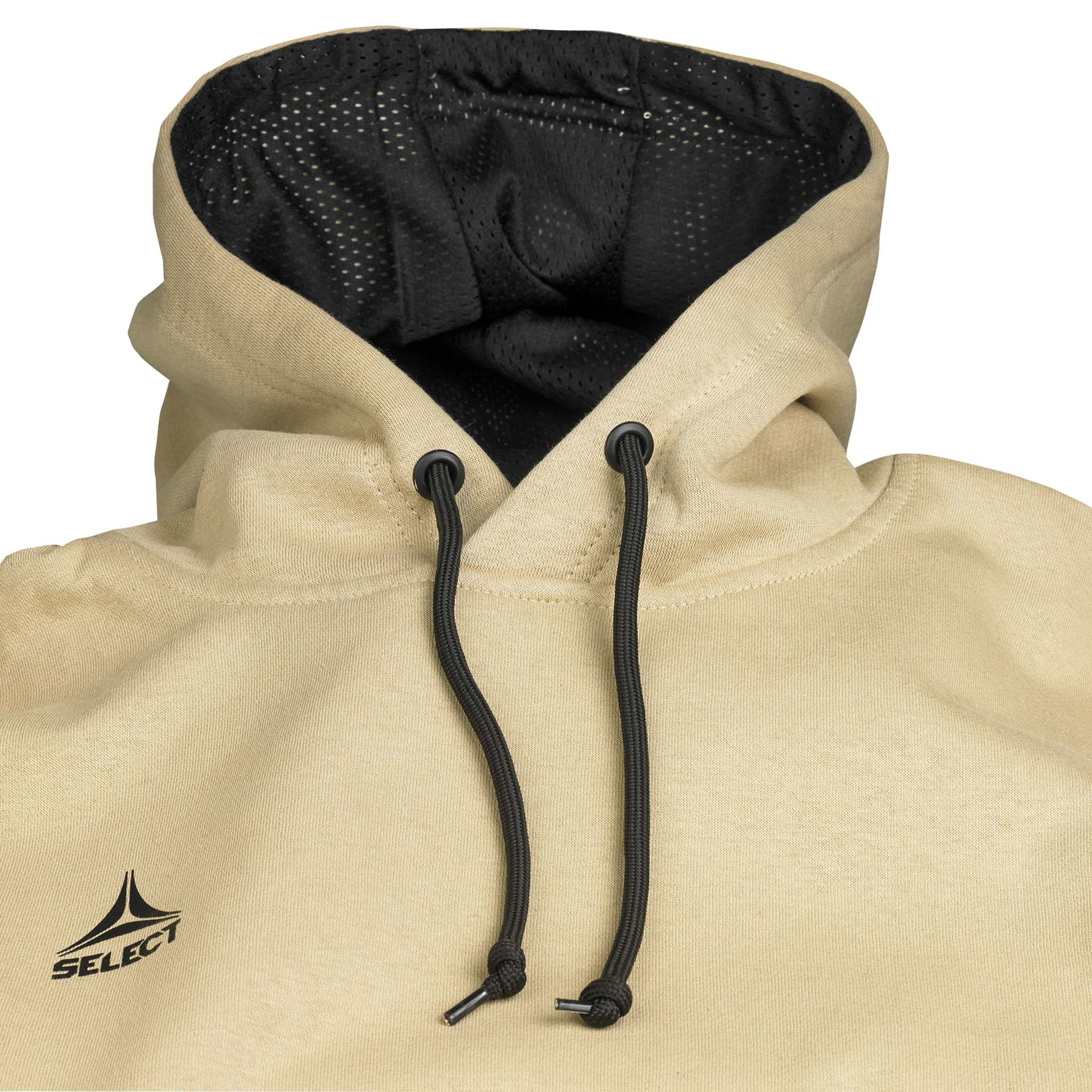 Nærbillede af beige Hoodie Basic Select v24 fritidstøj med hætte, sort meshfor og snore.