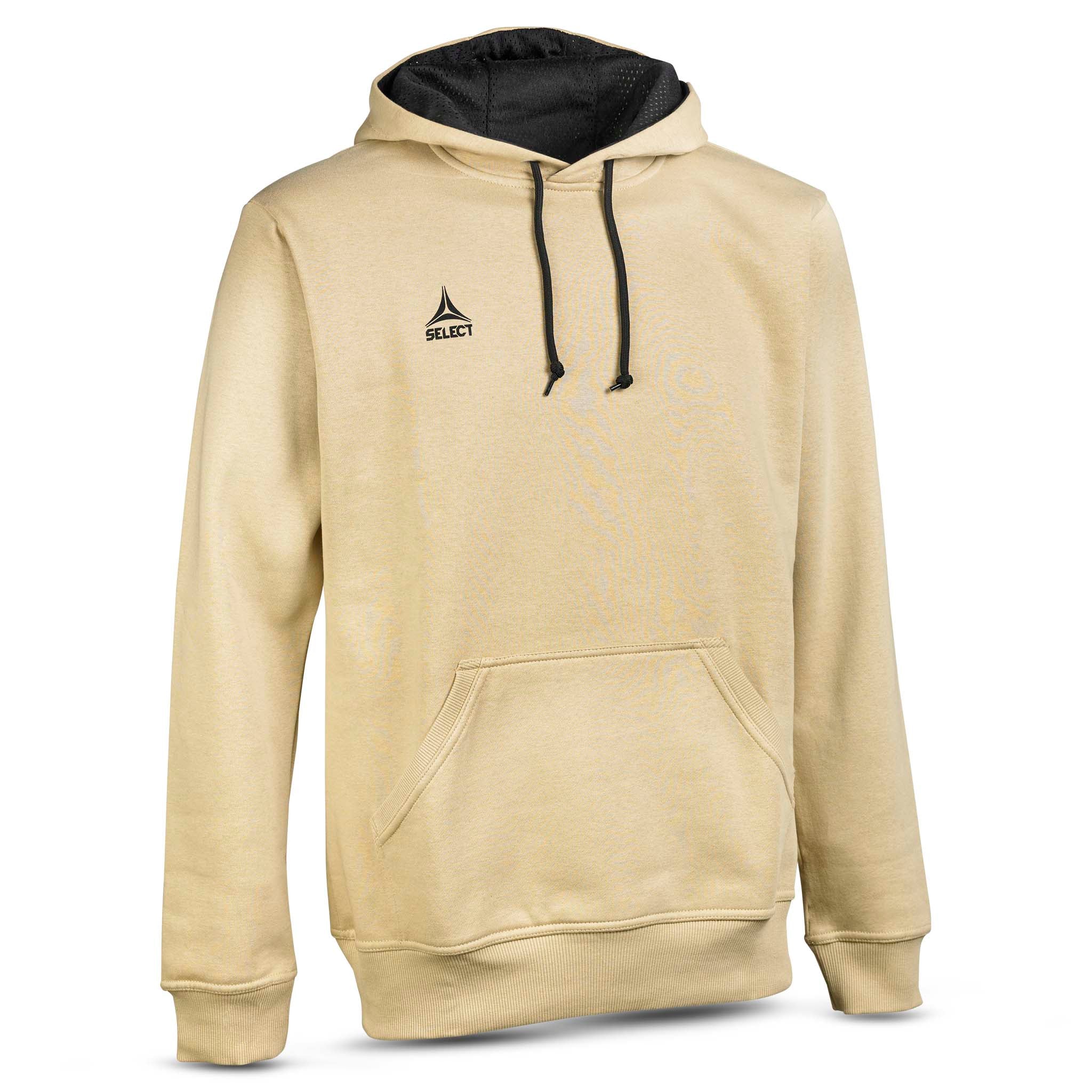 Forside af beige Hoodie Basic Select v24 fritidstøj med sort hættefor og logo.