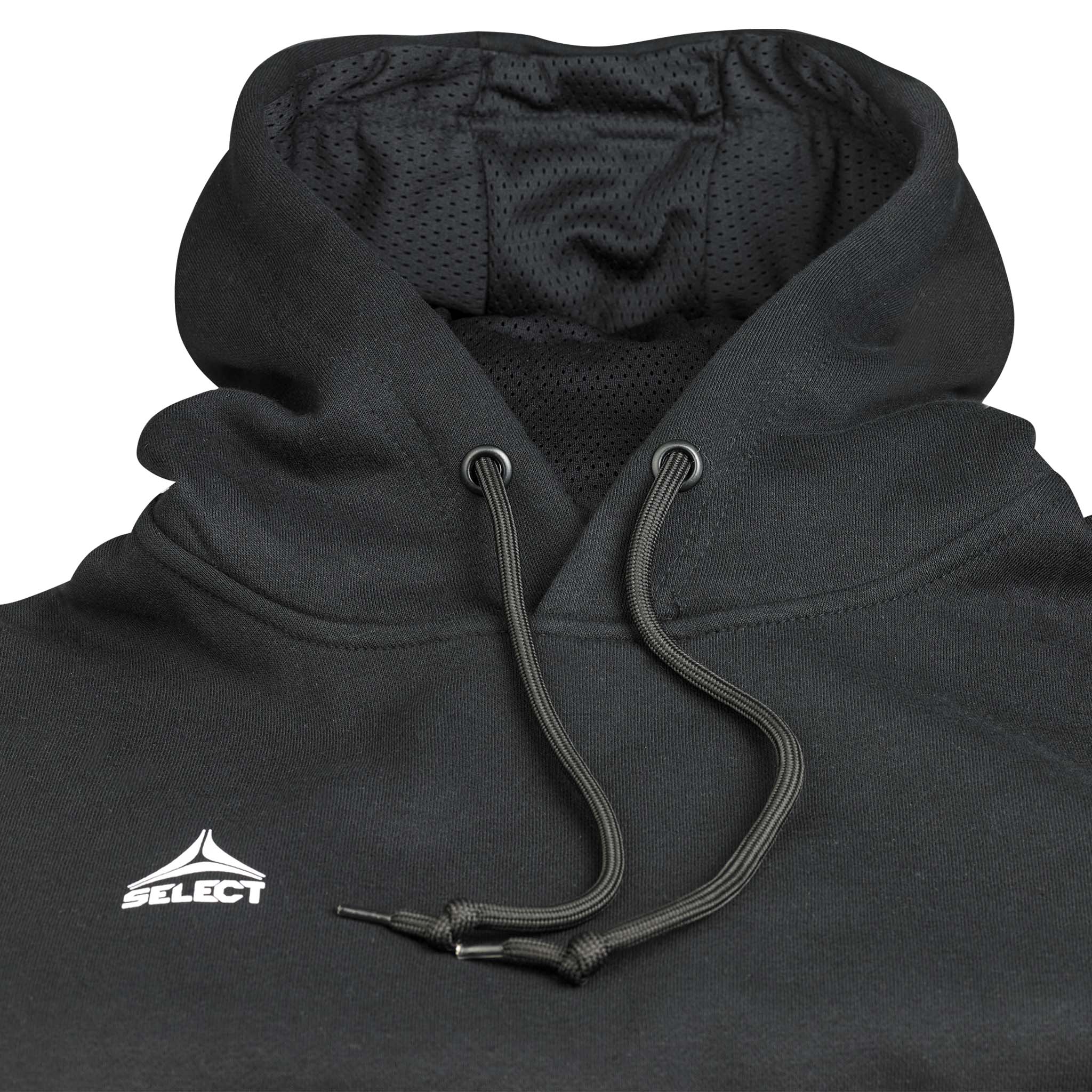 Nærbillede af sort Hoodie Basic Select v24 fritidstøj med hætte, snore og hvidt Select-logo.