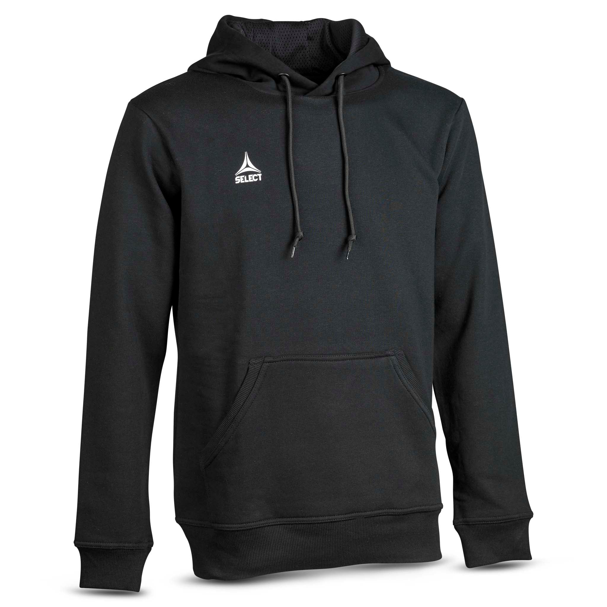 Sort Hoodie Basic Select v24 fritidstøj, set forfra med hætte og lomme, hvidt fodbold-logo på brystet.