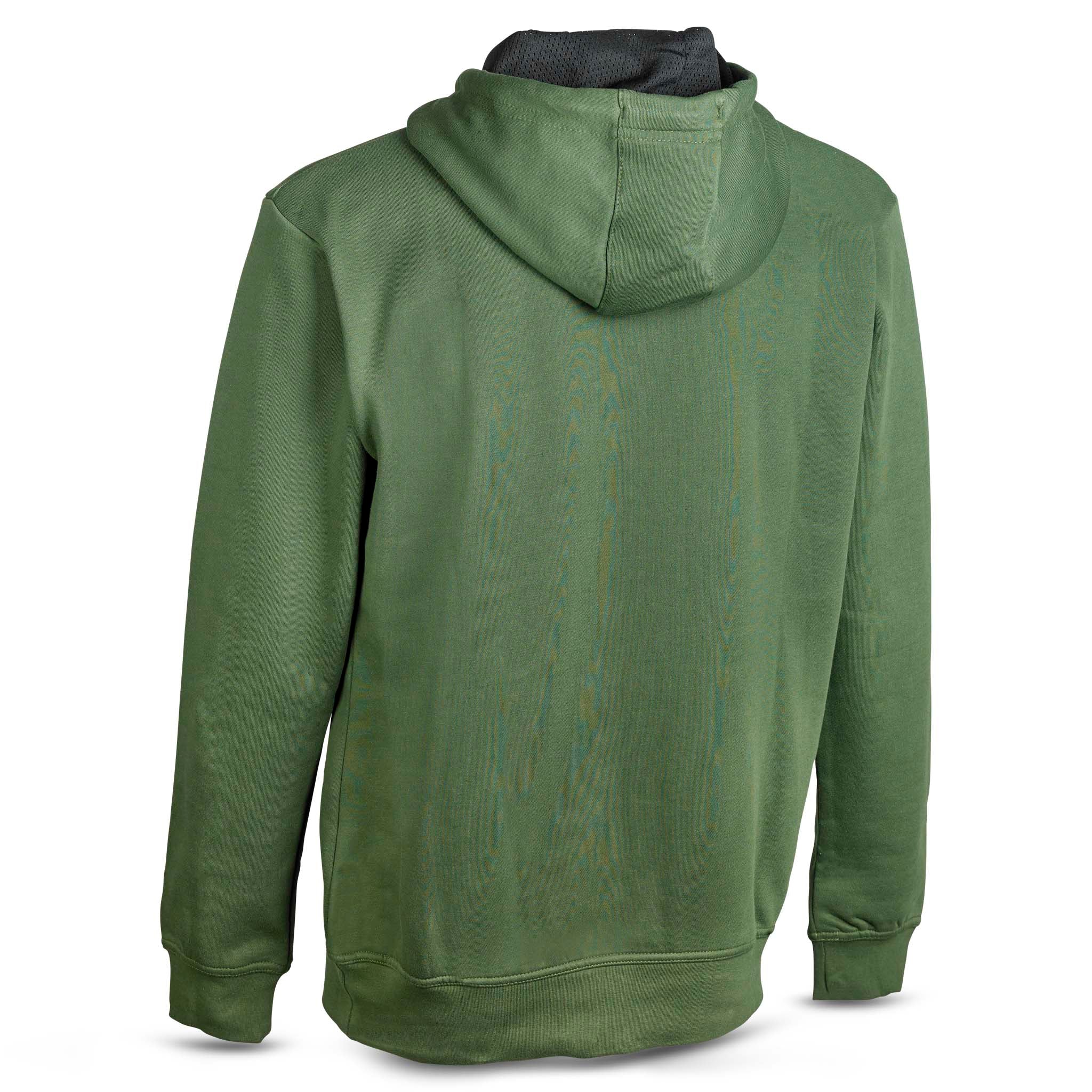 Grøn Hoodie Basic Select v24 fritidstøj, set bagfra med mørkt hættefor