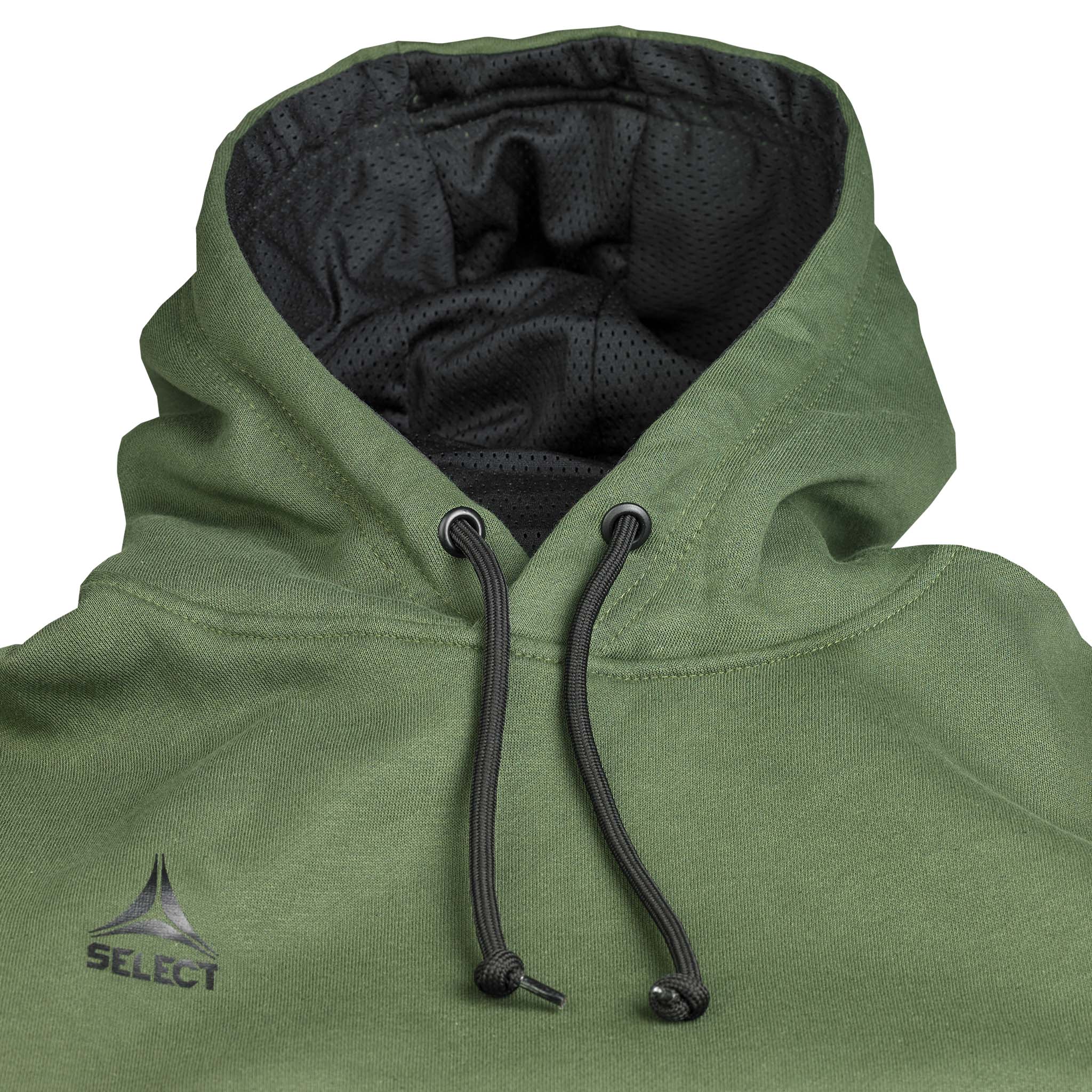 Nærbillede af grøn Hoodie Basic Select v24 fritidstøj med hætte, sort meshfor og snore.