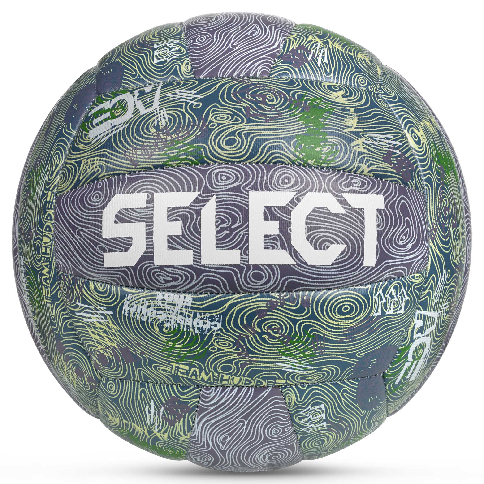 Beachvolley v26, Andre bolde, forside, hvirvlende blåt, lilla og grønt mønster med hvidt SELECT-logo