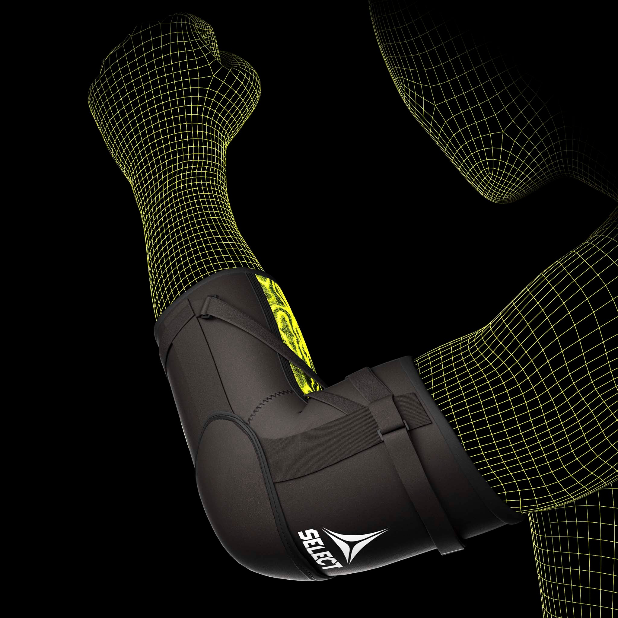 Sort og grøn Elbow Support Splint sportsstøtte båret på en models arm