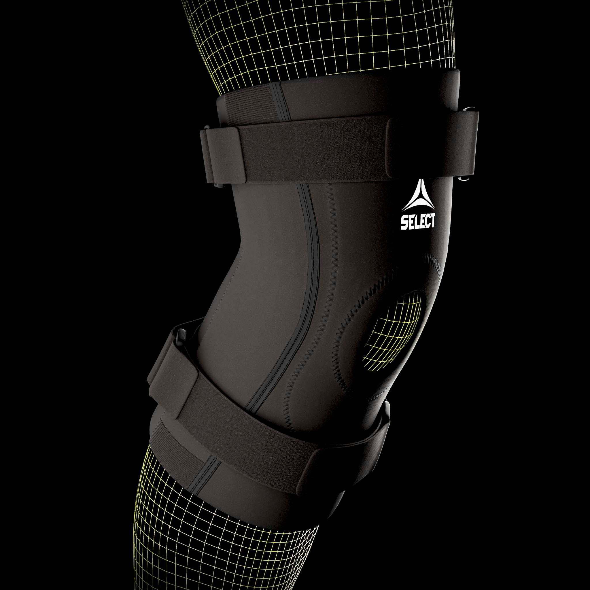 Sorte Knee Support Splints, sports support, vist på en models knæ, nærbillede af skinnen med remme