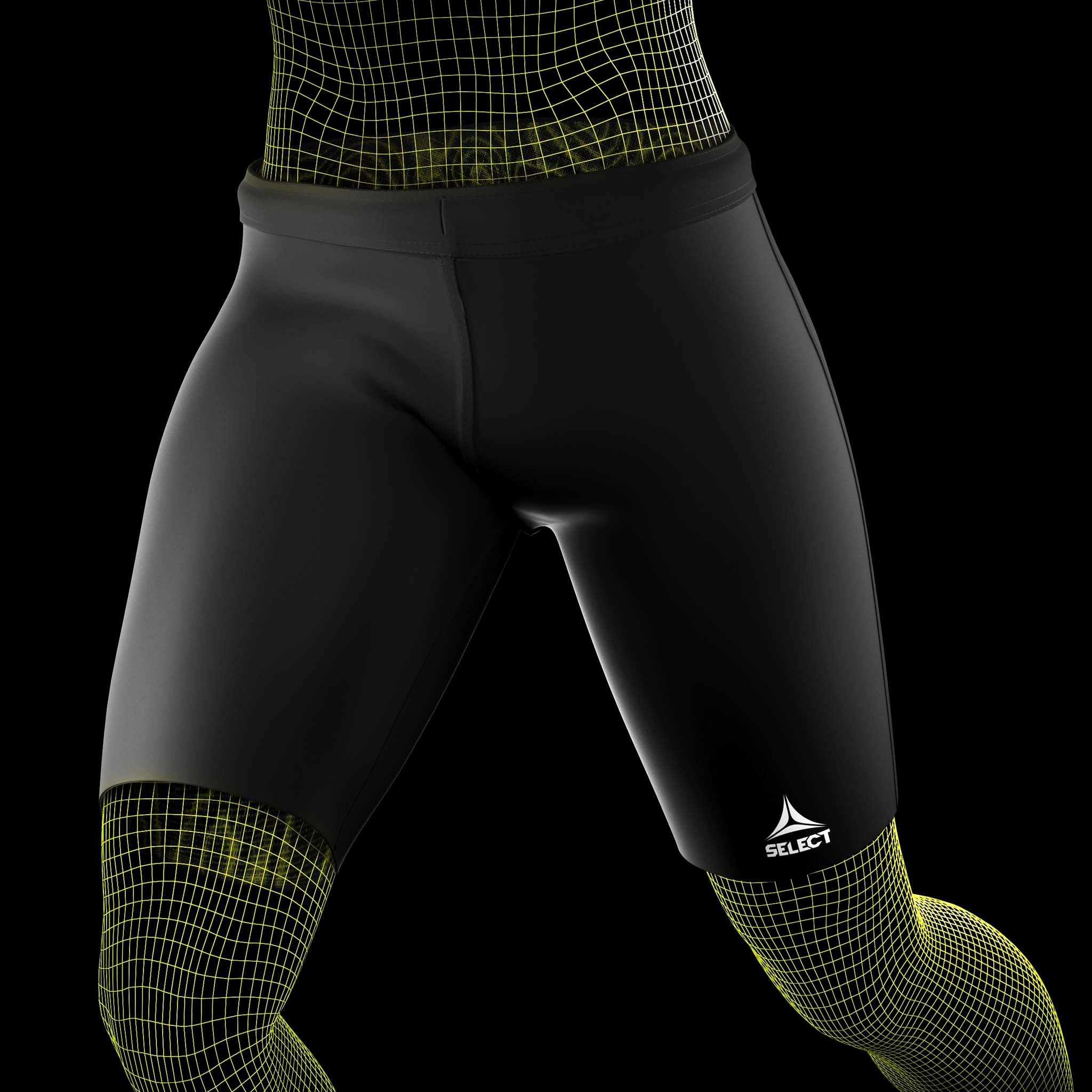 Forfra af sorte Thermal Shorts sportsstøtte med hvidt logo, båret af en fodboldspiller.