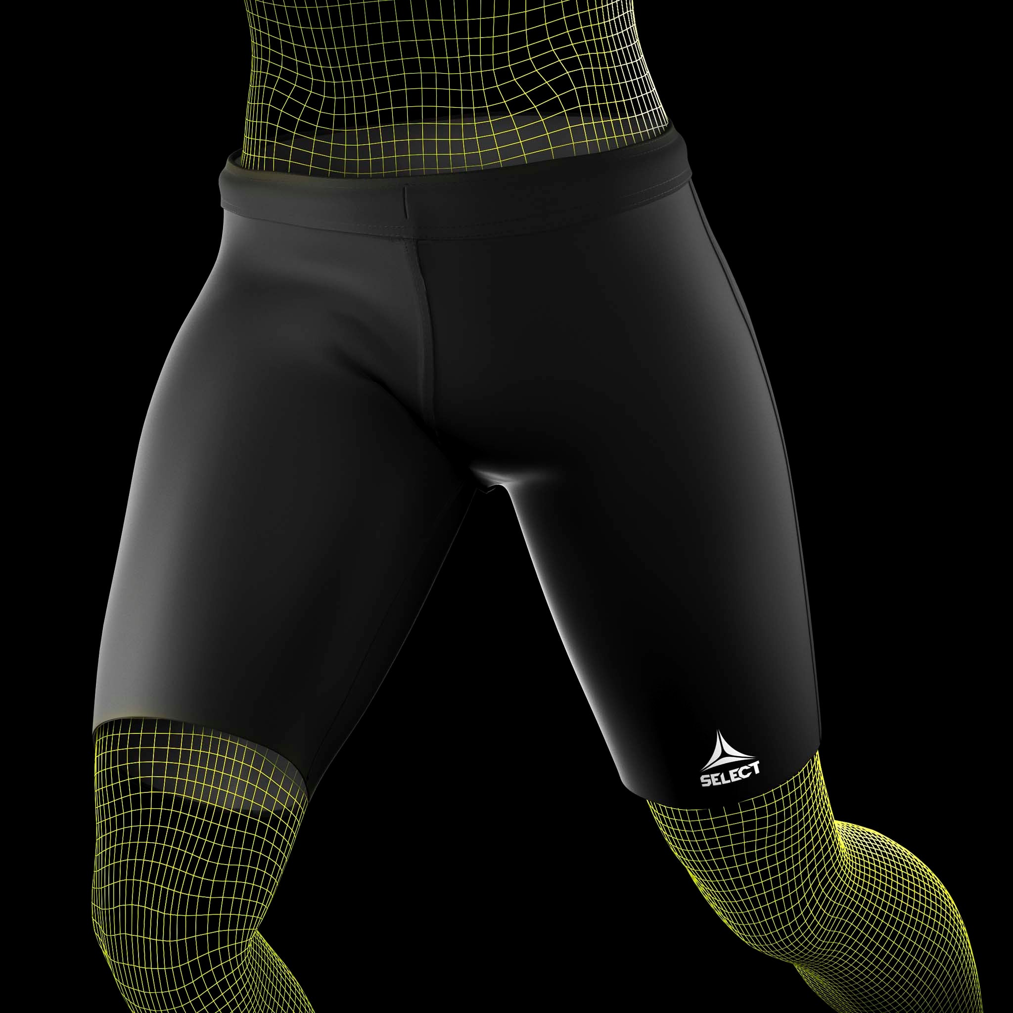 Sorte Thermal Shorts sportsstøtte, set forfra på fodboldspillermodel med hvidt logo.