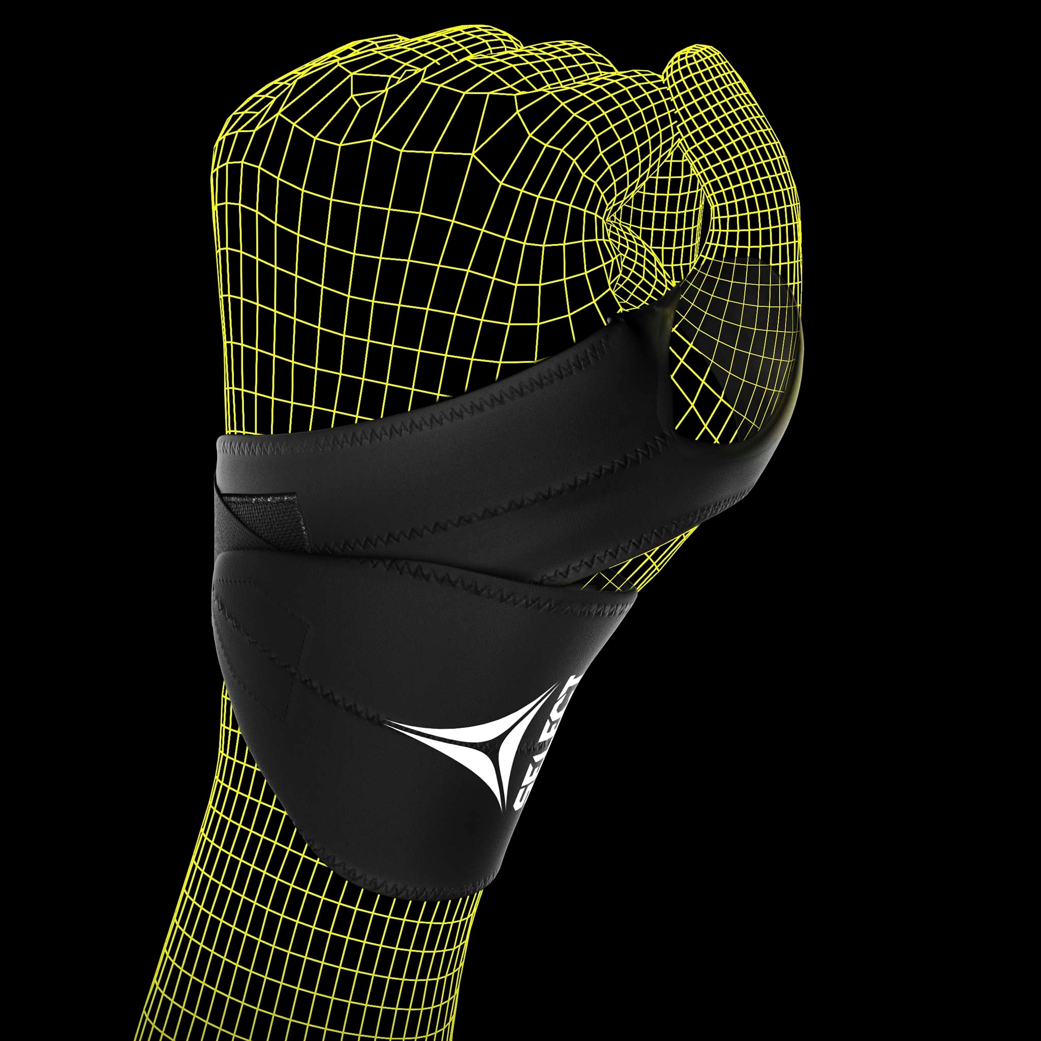 Sort Wrist Support 1 sportsstøtte med hvidt logo, vist på en models håndled i et gult wireframe.