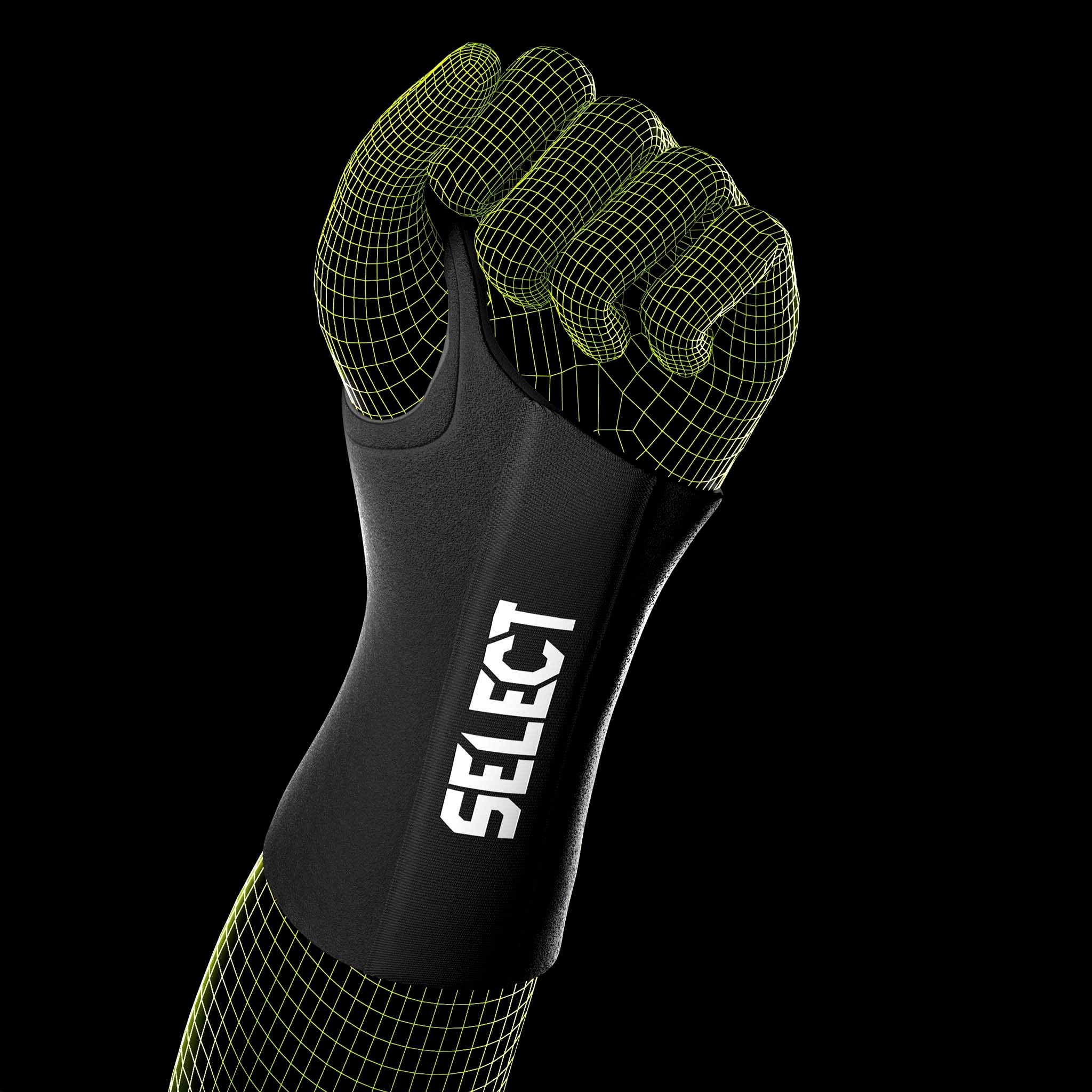 Wrist Support 3 R sportsstøtte i sort med grønne mesh-detaljer, vist på en knyttet hånd.