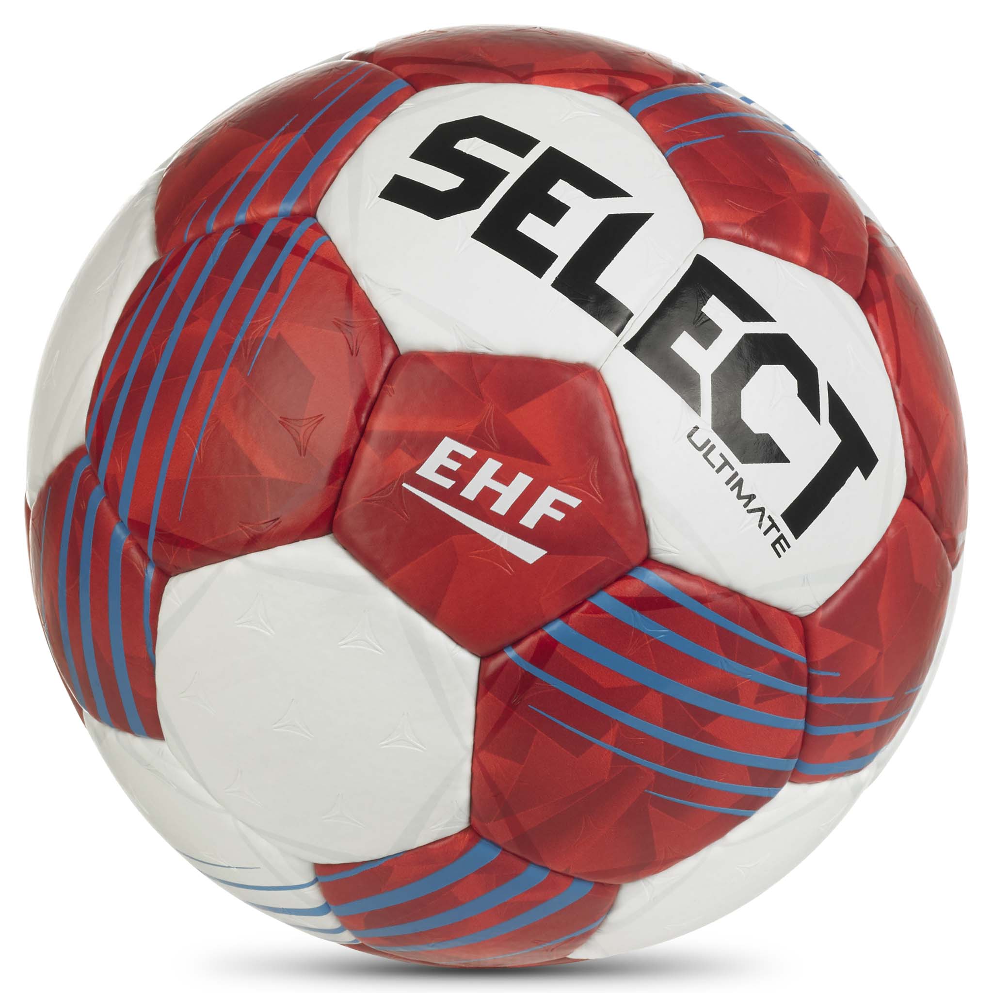 Rød og hvid Ultimate v26 håndbold med blå detaljer, EHF-mærkning, nærbillede forfra.